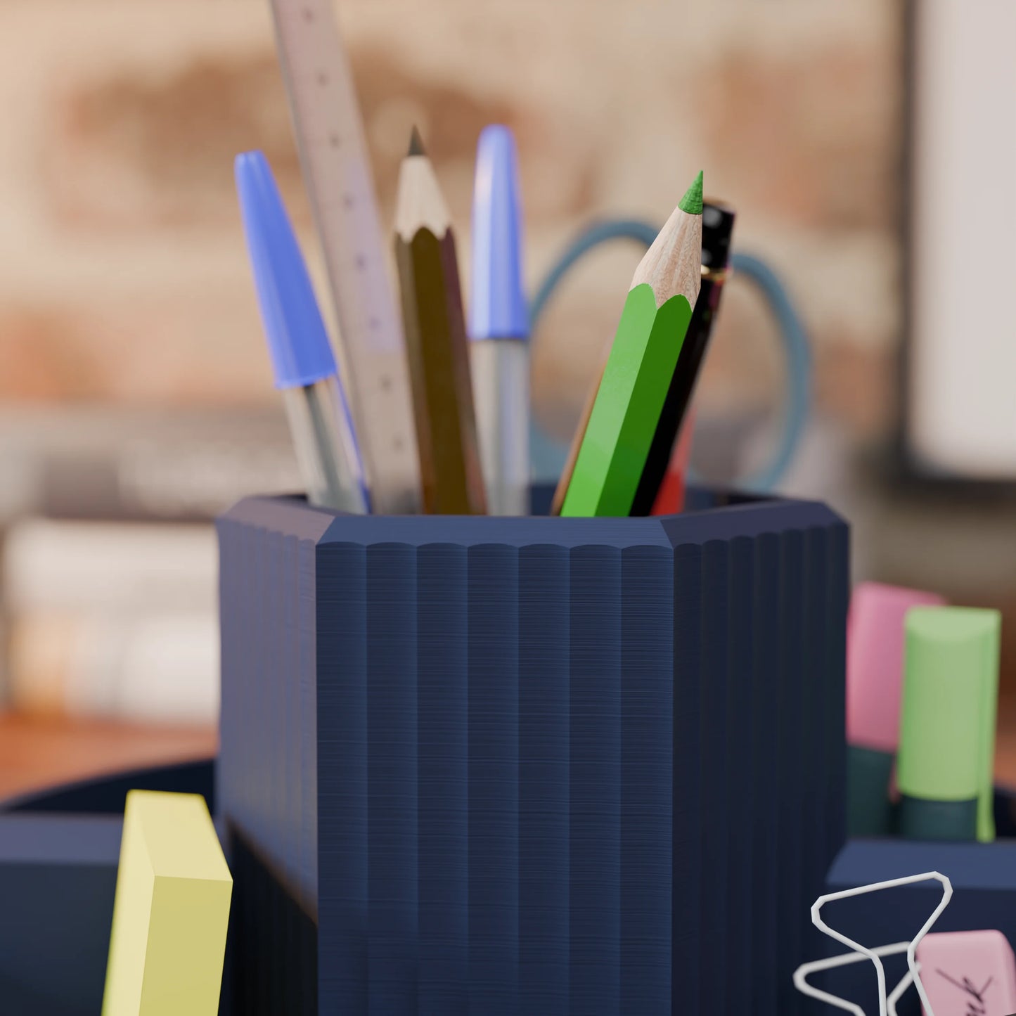 Close-up of desk organizer Harmonix with pens in color Army Dark Blue