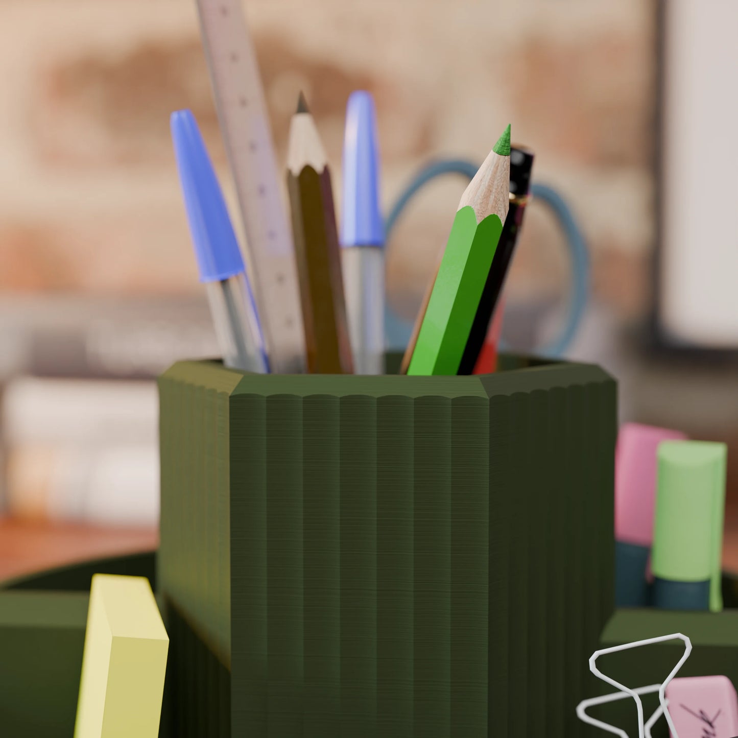 Close-up of desk organizer Harmonix with pens in color Army Dark Green