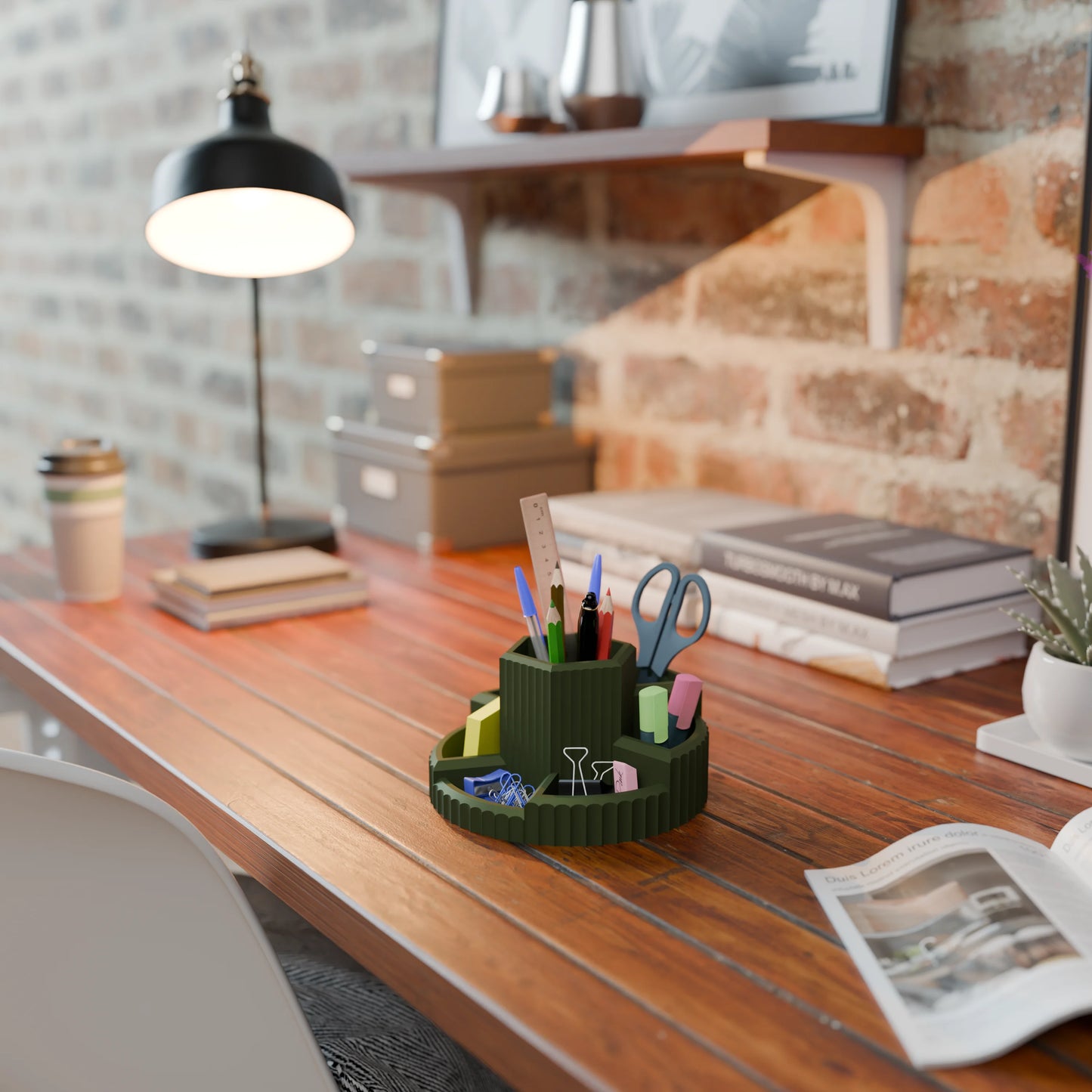 Practical desk organizer Harmonix on a desk in color Army Dark Green
