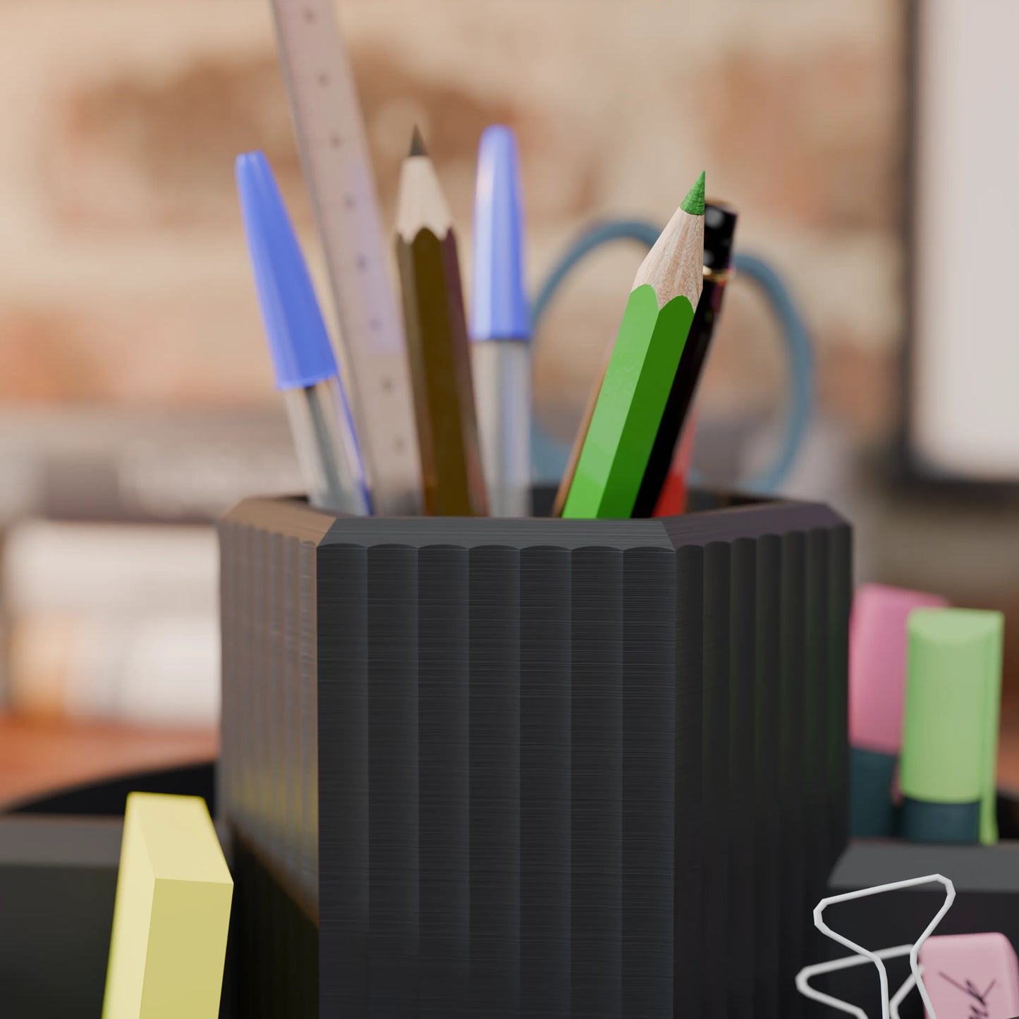 Close-up of desk organizer Harmonix with pens in color Ash Grey