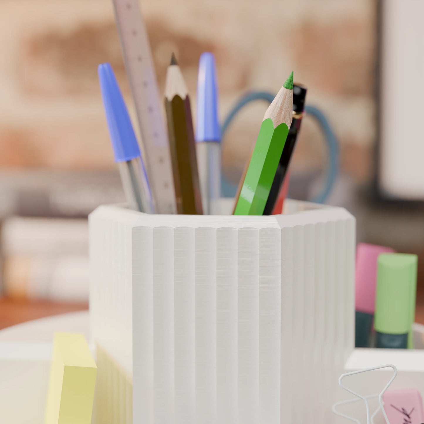 Close-up of desk organizer Harmonix with pens in color Cotton White