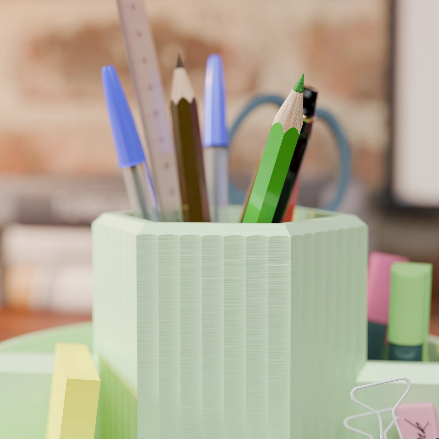 Close-up of desk organizer Harmonix with pens in color Mint