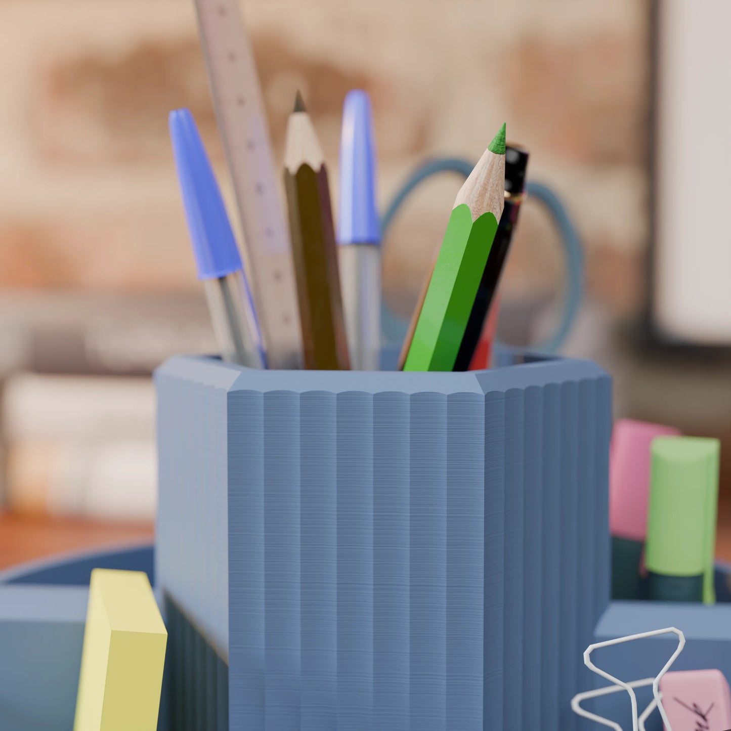 Close-up of desk organizer Harmonix with pens in color Muted Blue