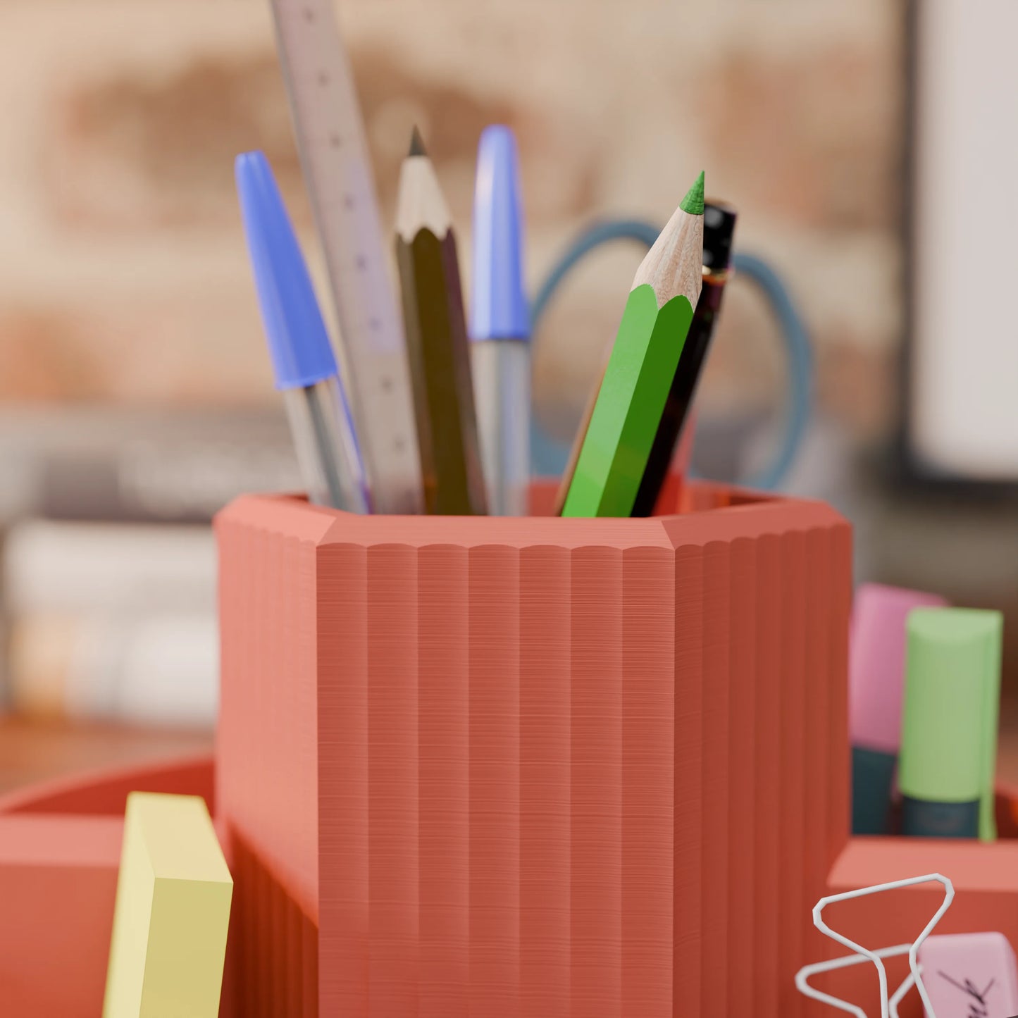 Close-up of desk organizer Harmonix with pens in color Matt Red