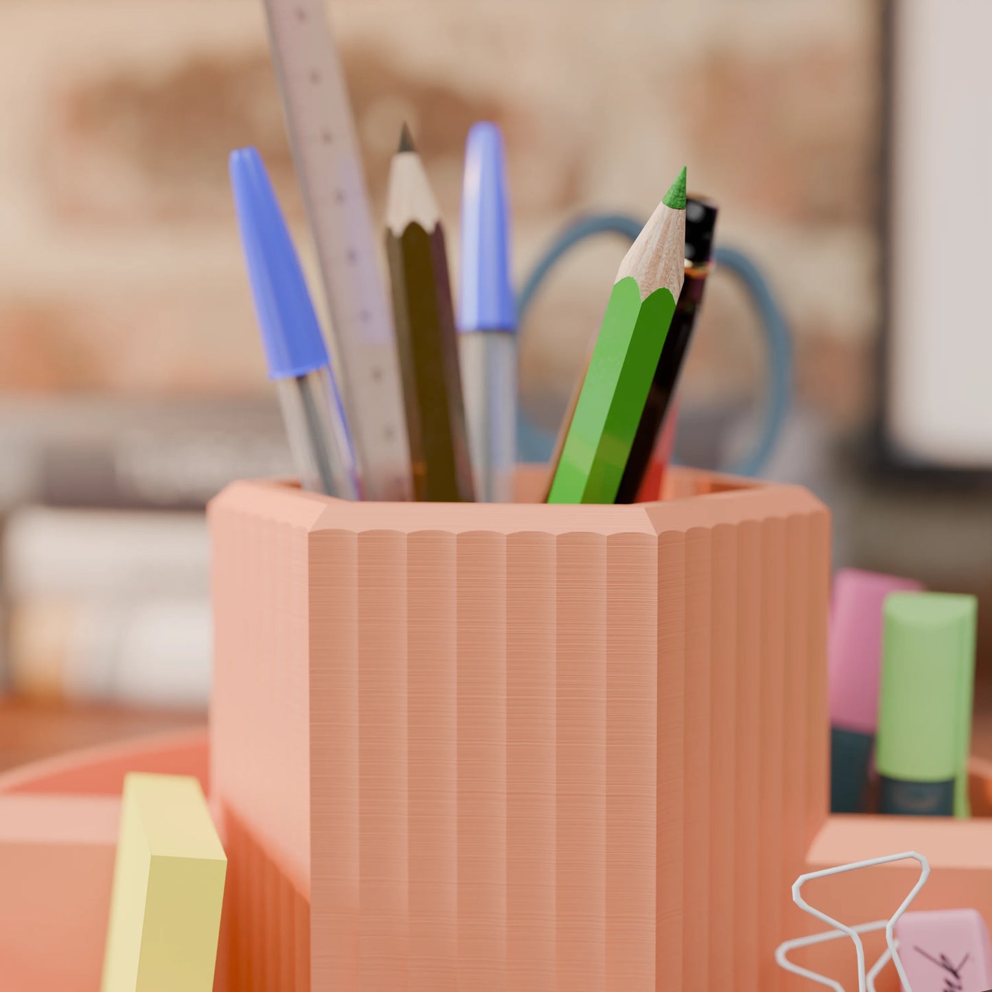 Close-up of desk organizer Harmonix with pens in color Peach