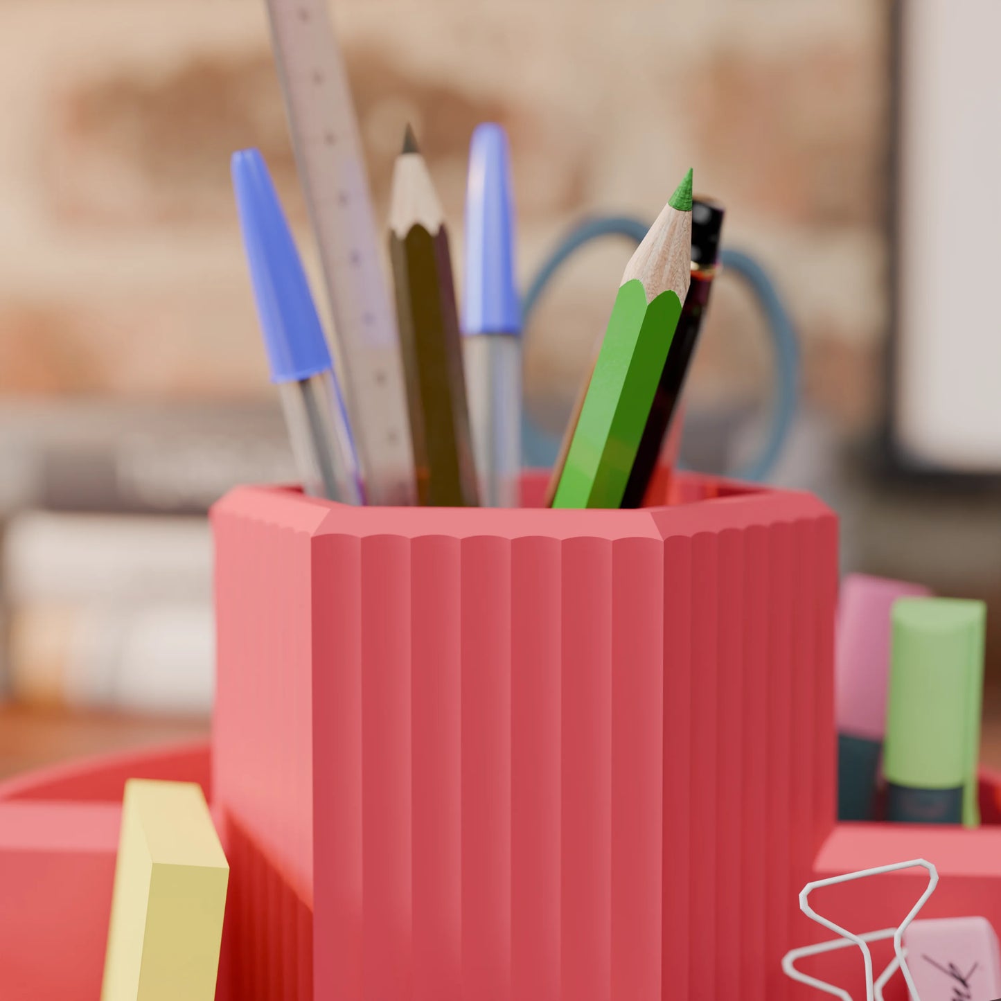 Close-up of desk organizer Harmonix with pens in color Rose