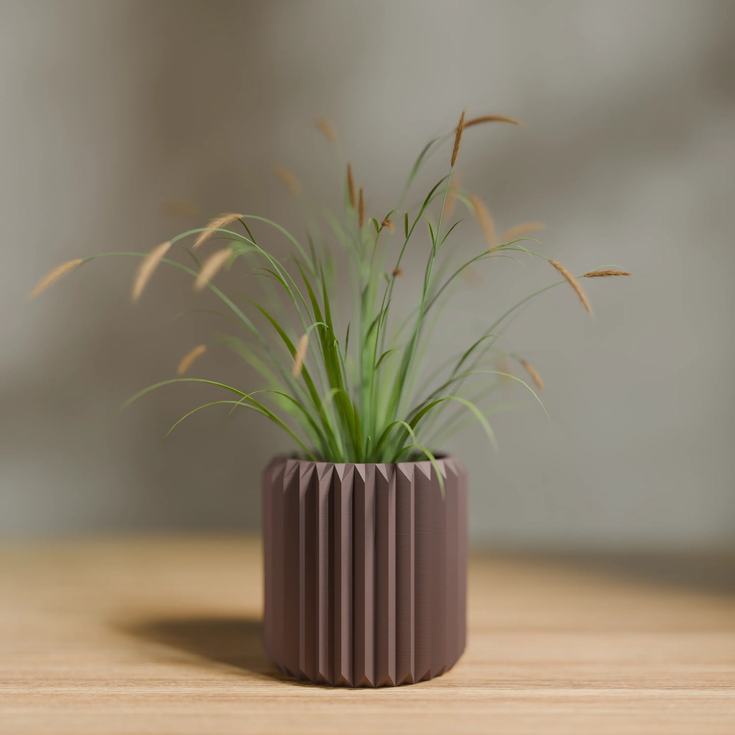 Pflanzentopf Linea mit vertikalen Rillen und einer Pflanze, 9x9 cm in Farbe Erdbraun
