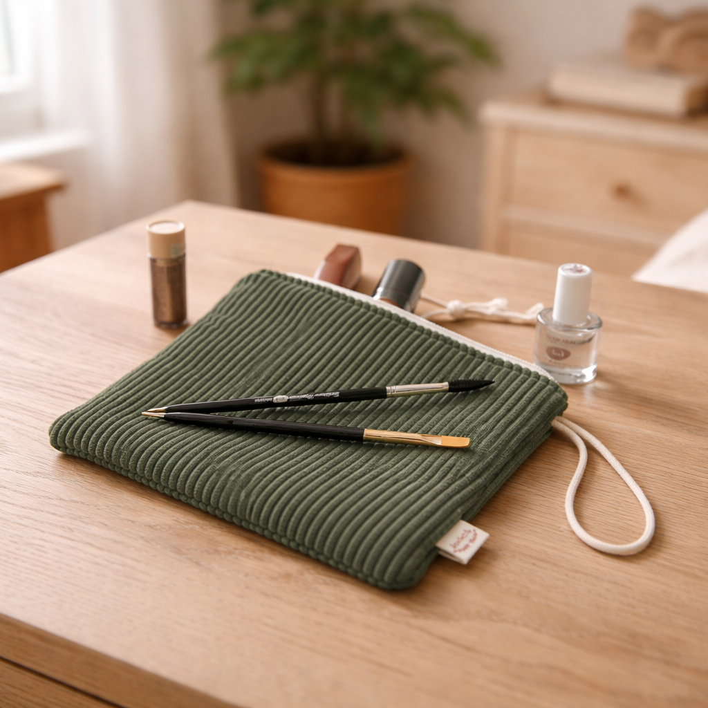 Handgefertigtes Cord-Nécessaire in olivgrün auf einem Holztisch mit Pflanzen