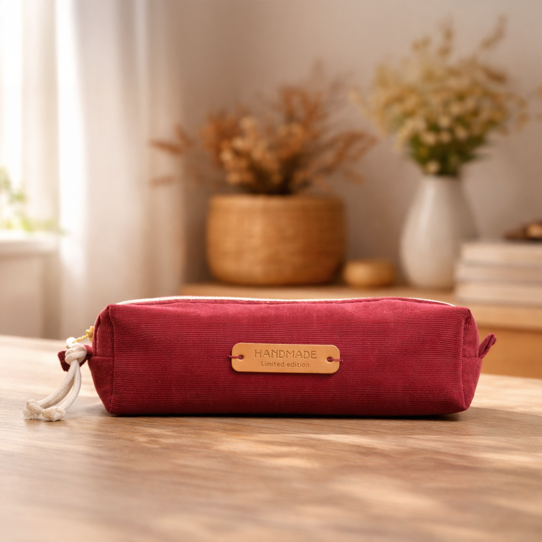 Handgefertigtes Cord-Nécessaire in Armeerot auf einem Holztisch