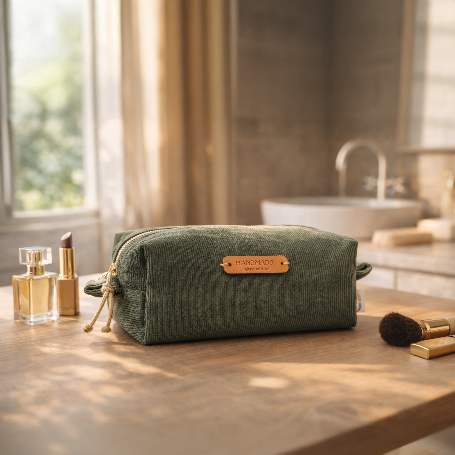 Handgefertigtes Cord-Nécessaire in olivgrünem Baumwollcord auf einem Holztisch
