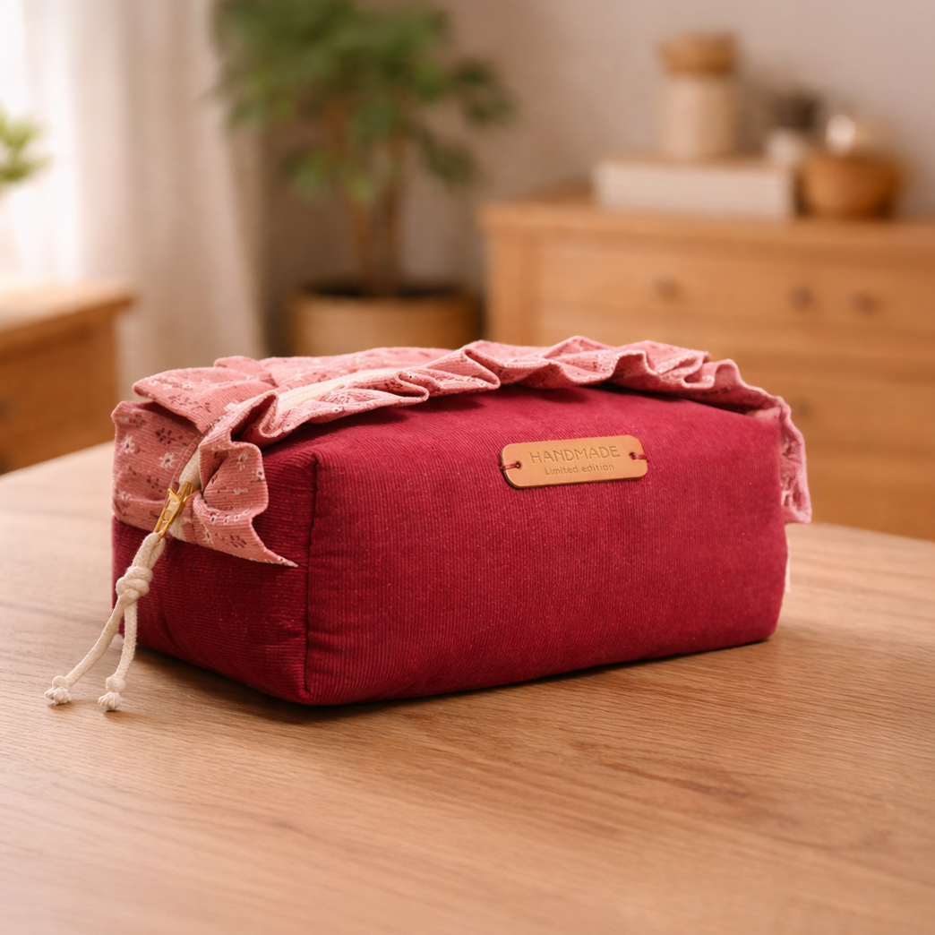 Handgefertigtes Cord-Nécessaire in rot auf einem Holztisch