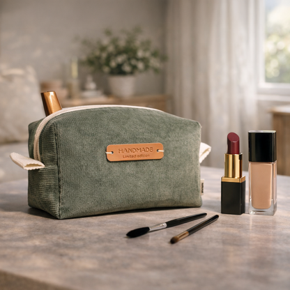 Handgefertigtes Cord-Nécessaire in olivgrünem Stoff auf einem Tisch