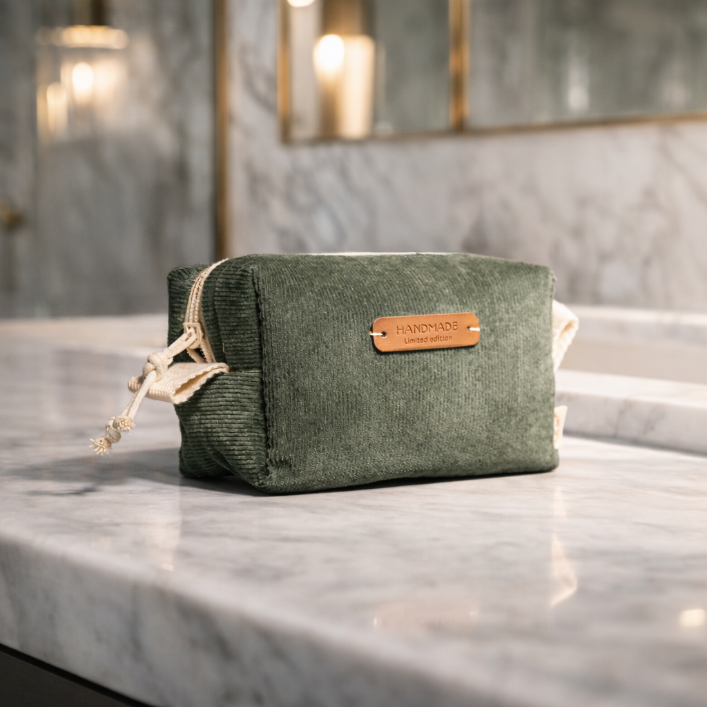 Handgefertigtes Cord-Nécessaire in olivgrün auf einem Marmortisch