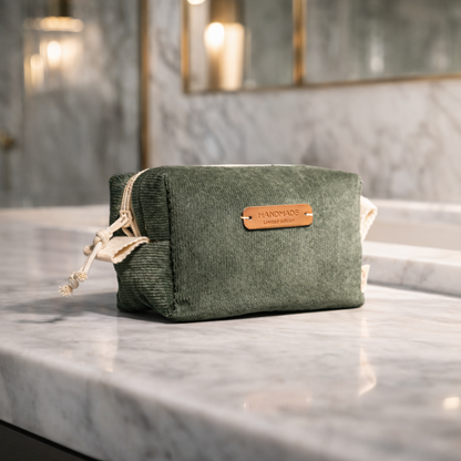 Handgefertigtes Cord-Nécessaire in olivgrün auf einem Marmortisch