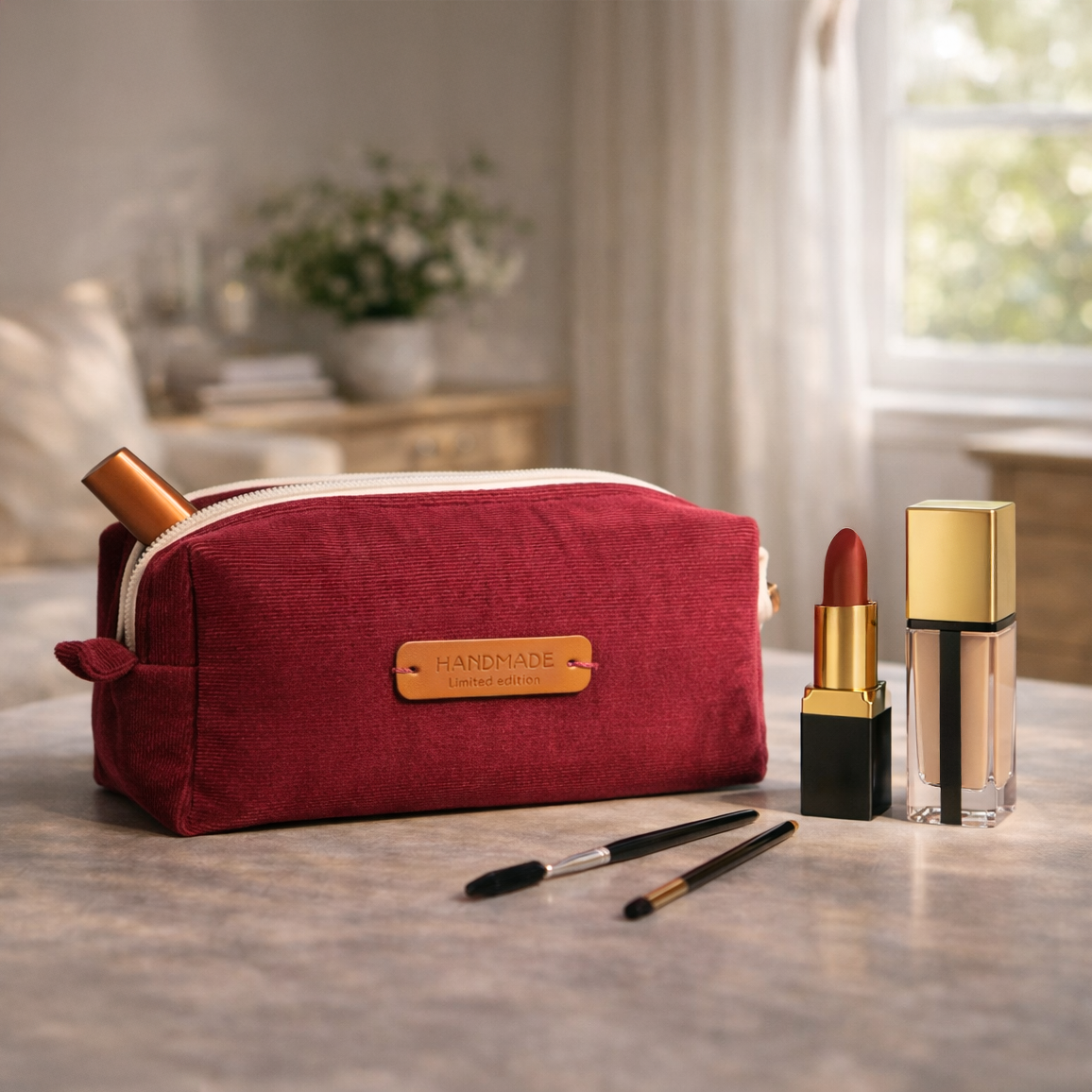 Handgefertigtes Cord-Nécessaire in Armeerot auf einem Holztisch mit Lippenstift und Make Up