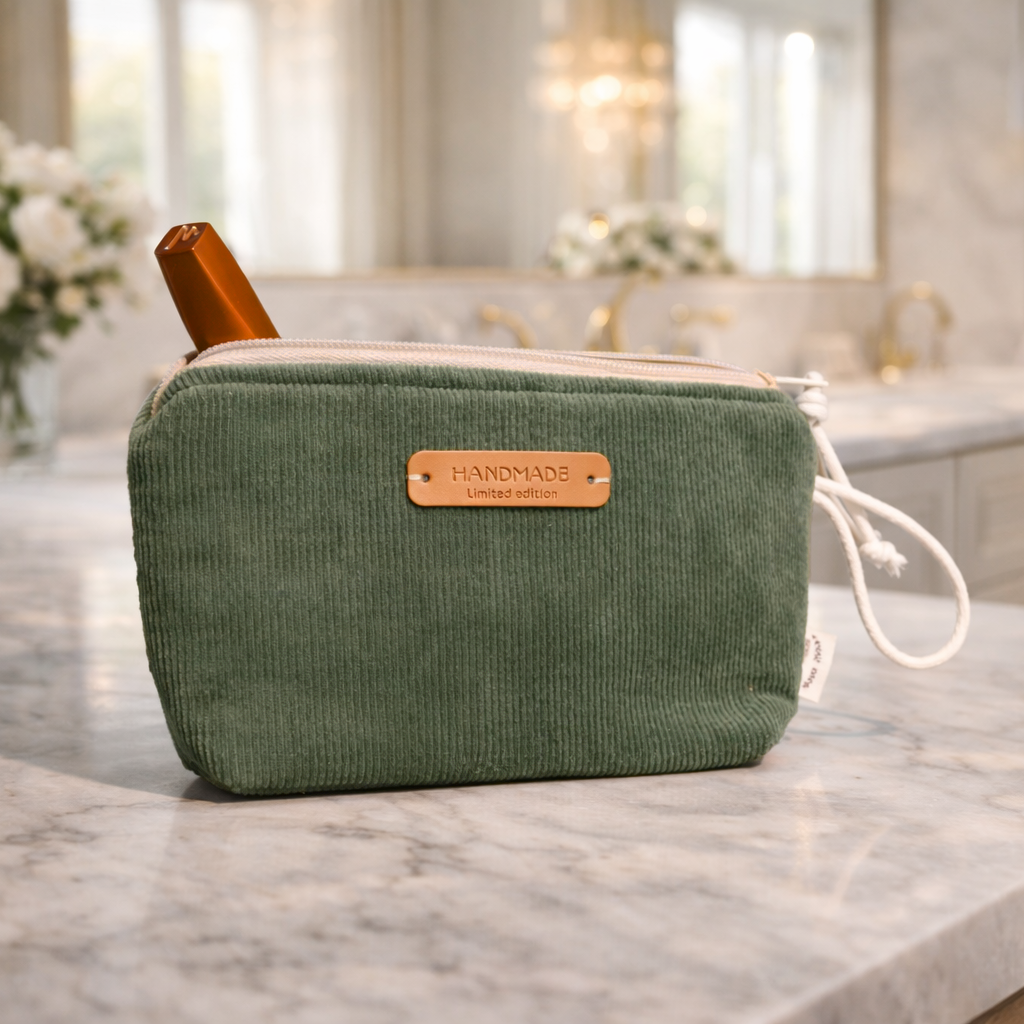 Handgefertigtes Cord-Nécessaire in olivgrün auf einem Marmortisch