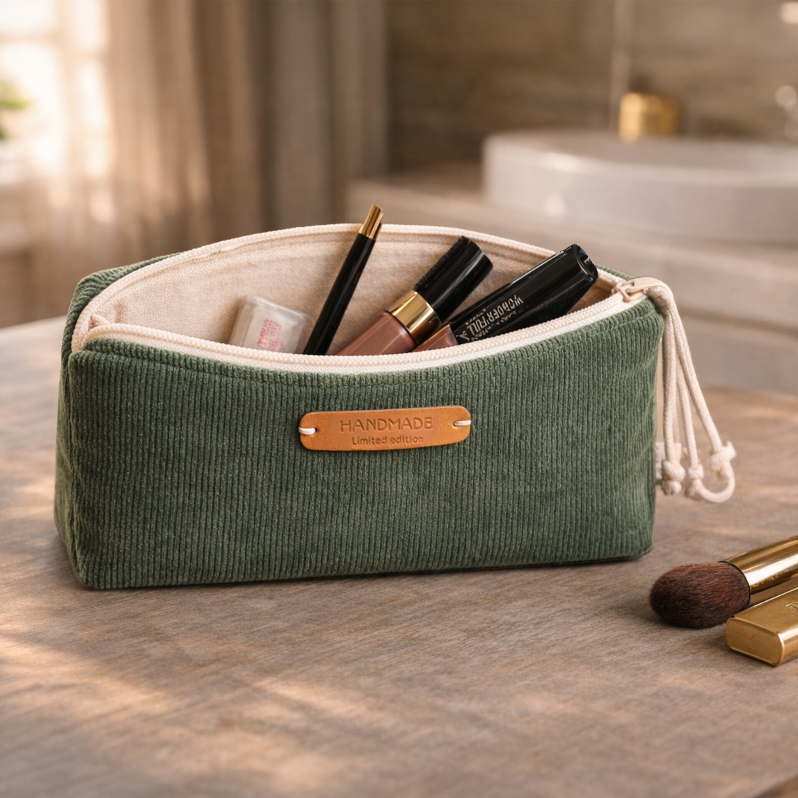 Handgefertigtes Cord-Nécessaire in olivgrünem Baumwollcord, geöffnet auf einer Holzoberfläche.
