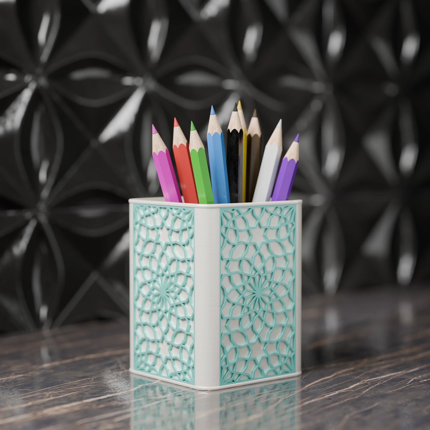 Arabe pen holder with Arabic design and pens from the side - Arctic Teal