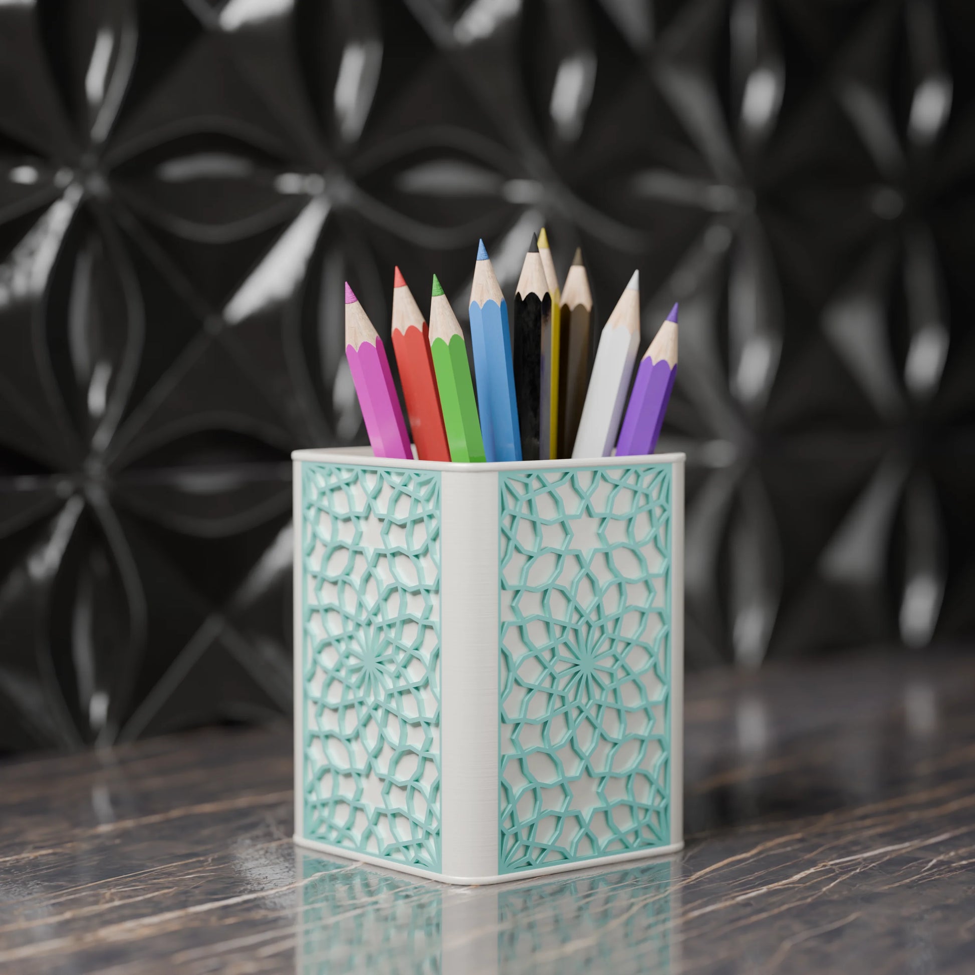Arabe pen holder with Arabic design and pens from the side - Arctic Teal