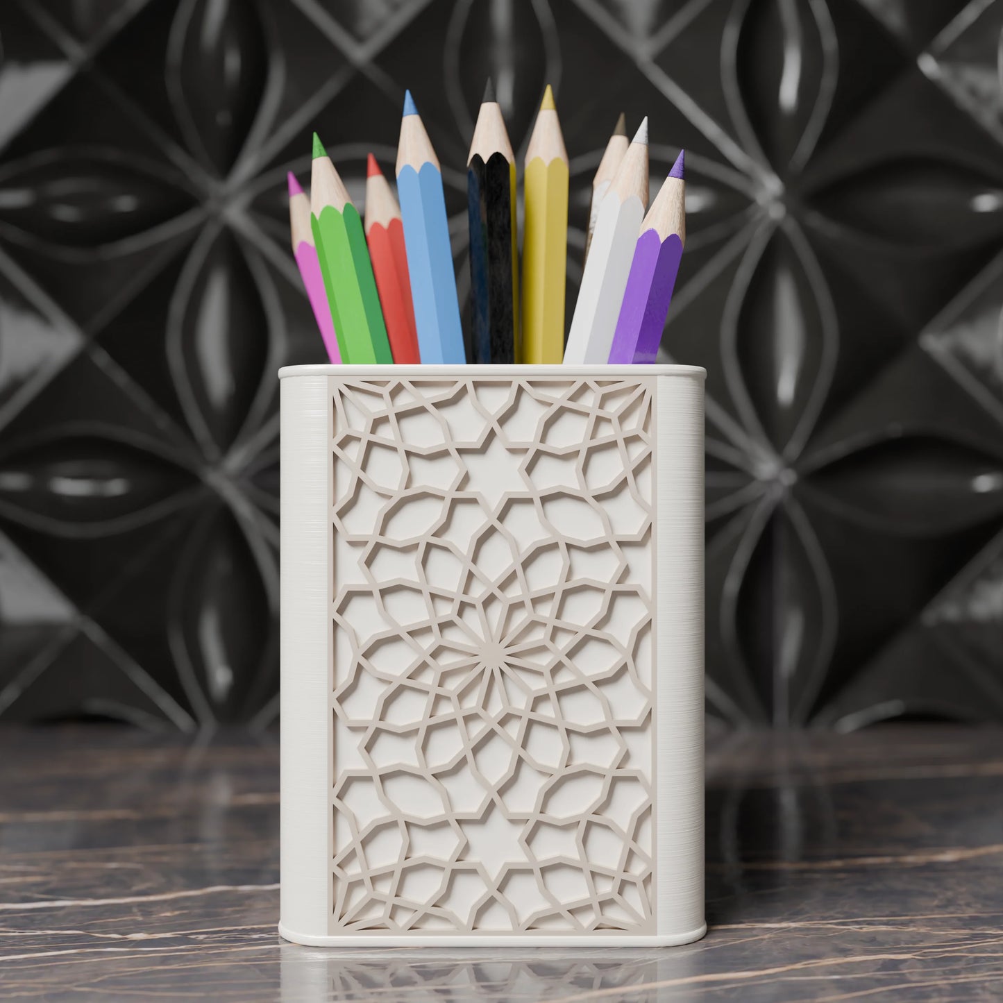 Arabe pen holder with Arabic design and pens from the front - Army Beige