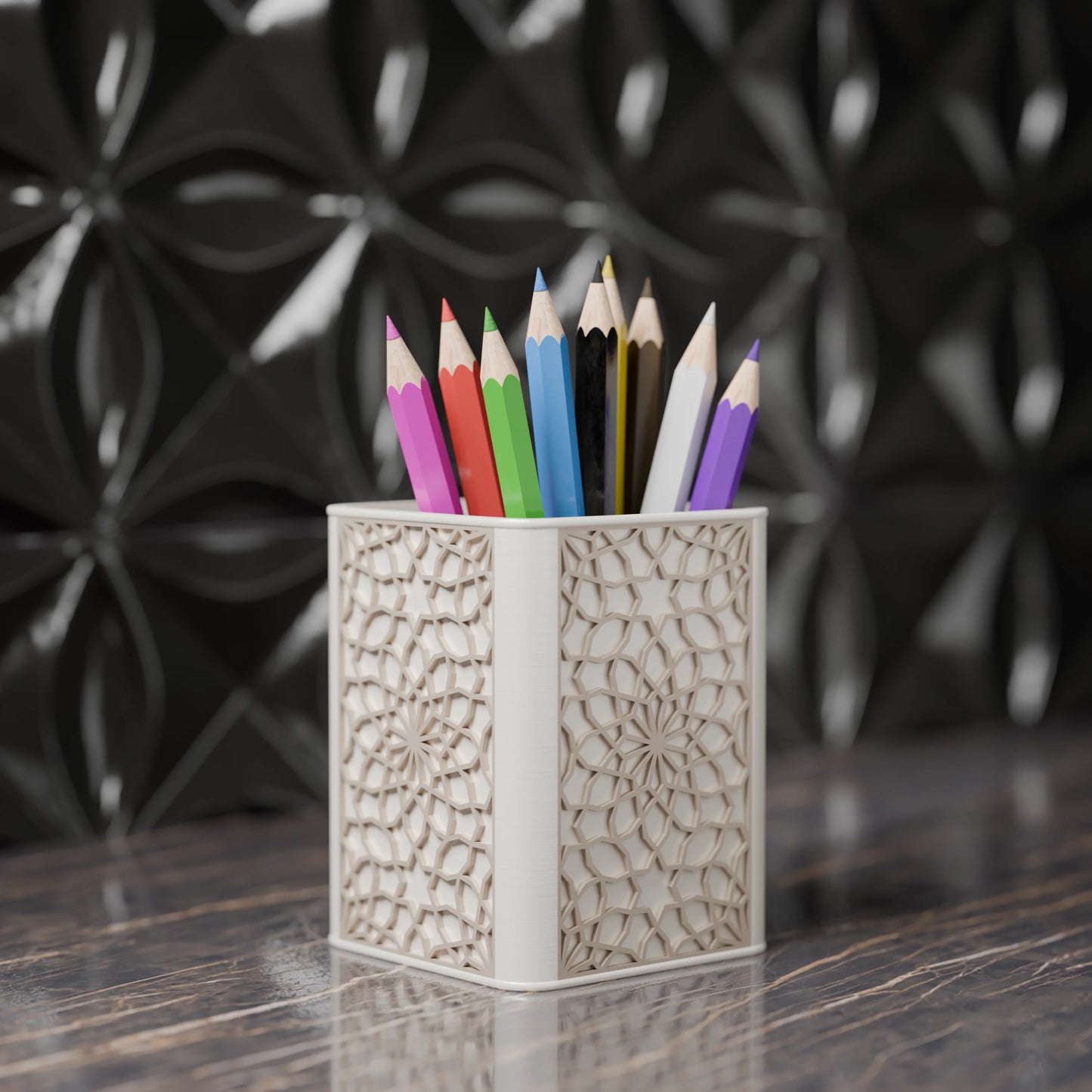 Arabe pen holder with Arabic design and pens from the side - Army Beige