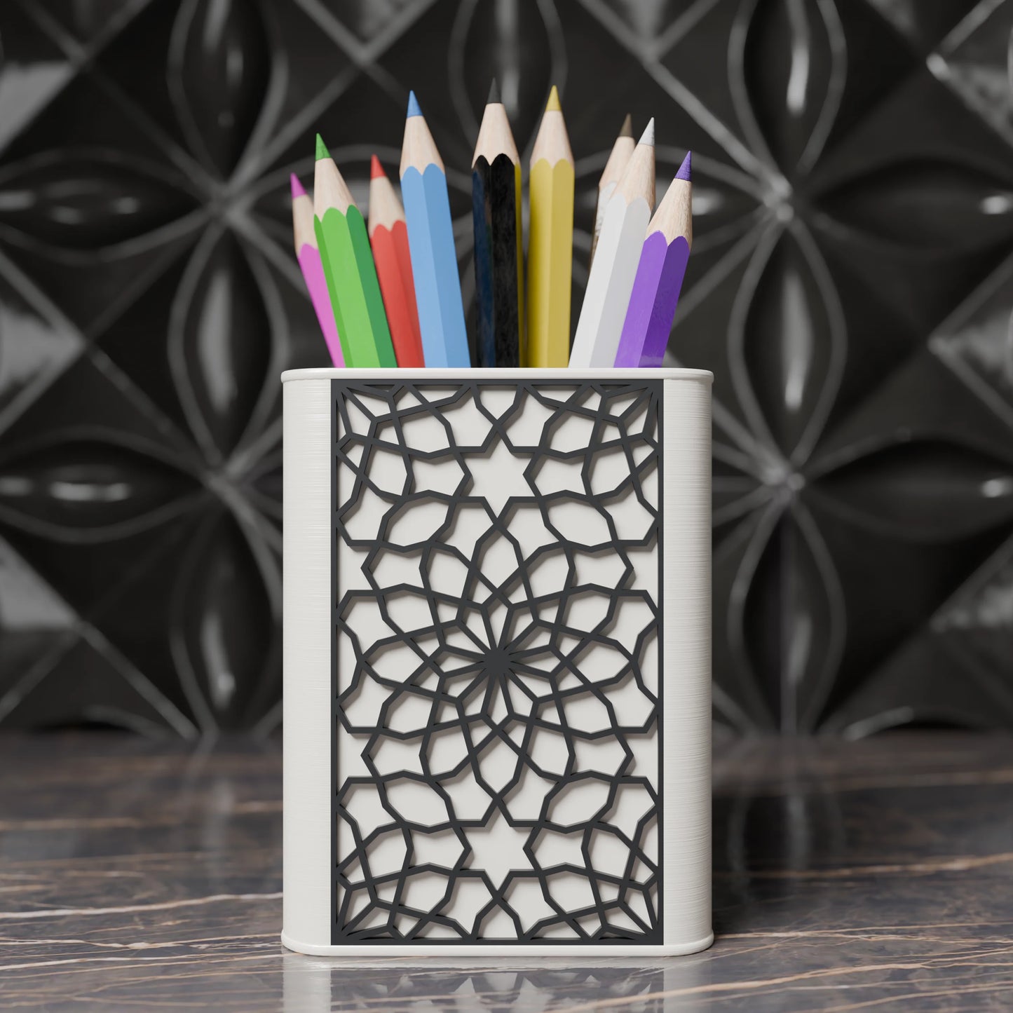 Arabe pen holder with Arabic design and pens from the front - Ash Grey