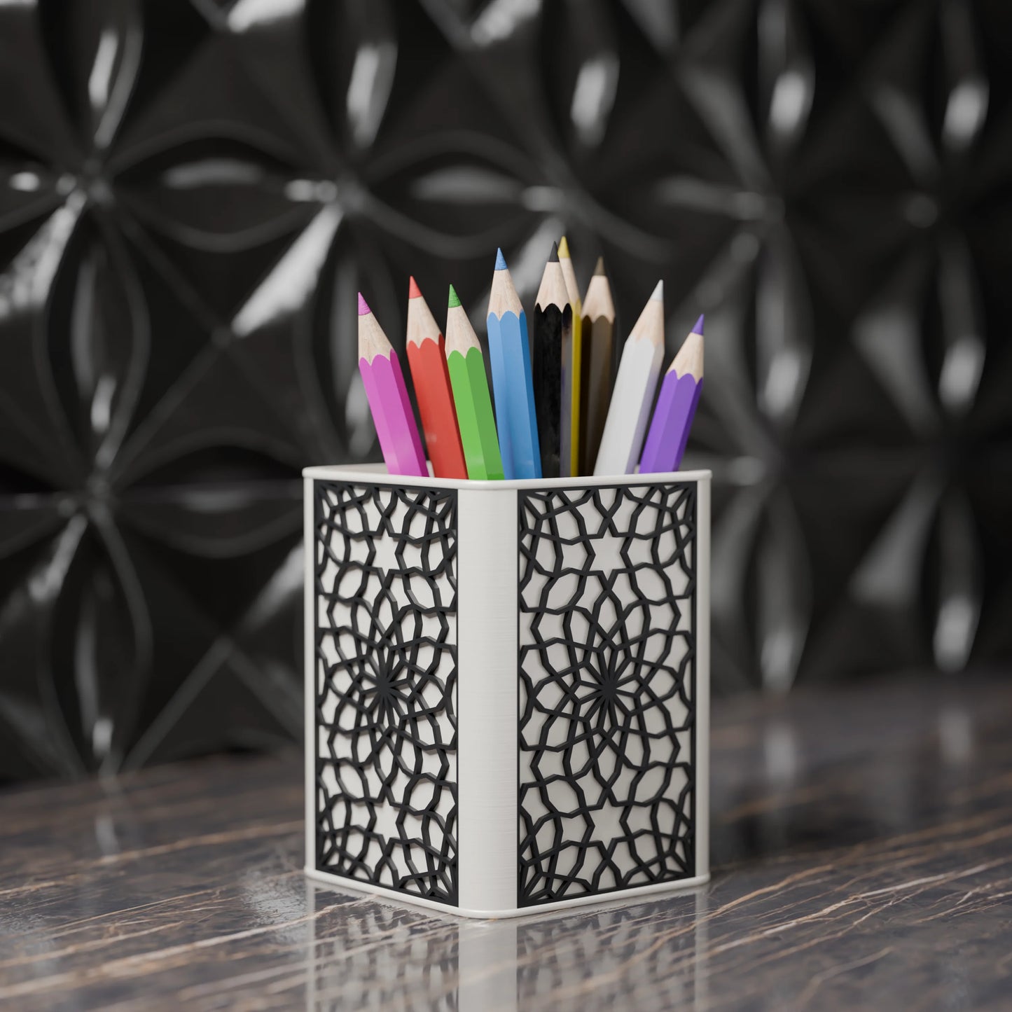 Arabe pen holder with Arabic design and pens from the side - Ash Grey