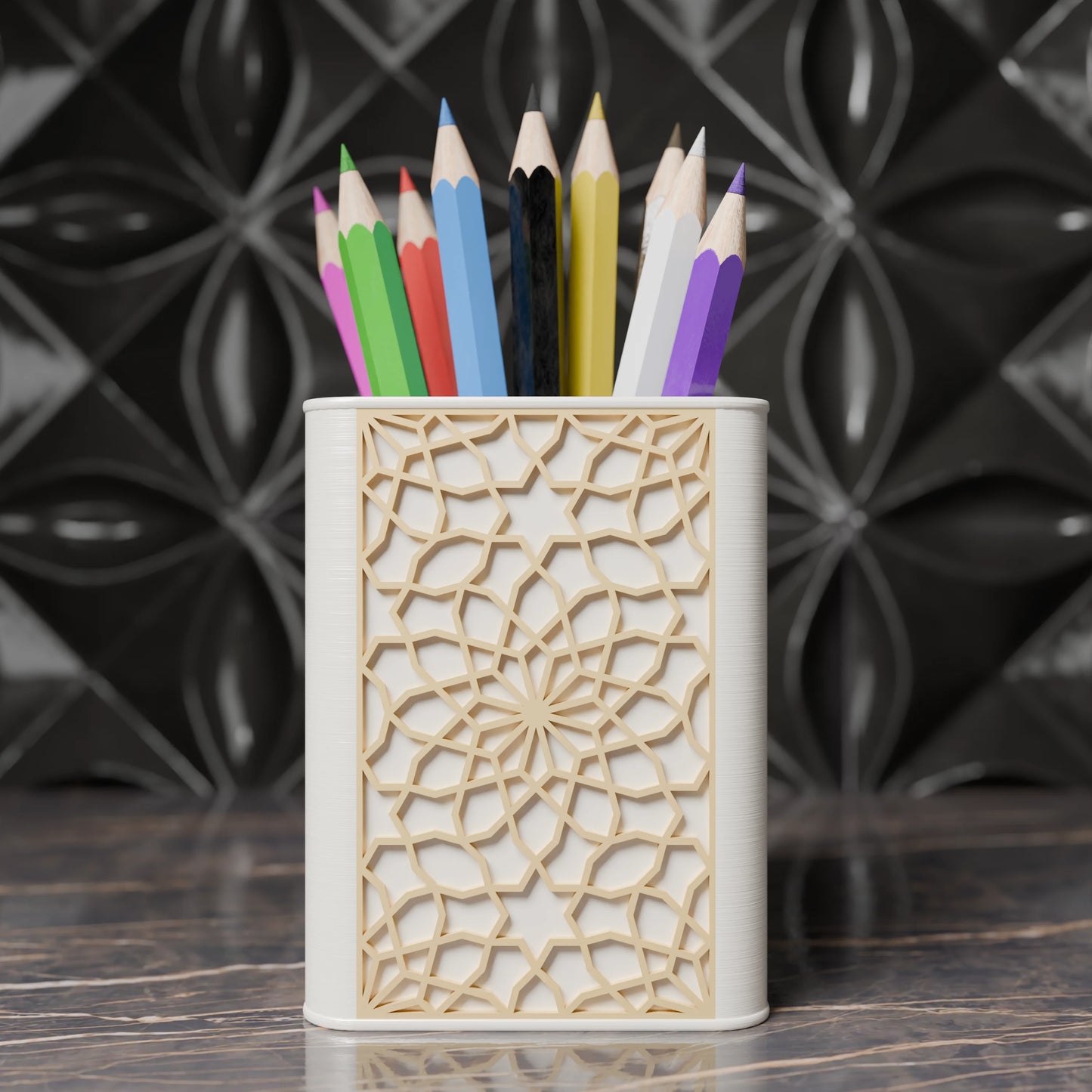 Arabe pen holder with Arabic design and pens from the front - Banana Yellow