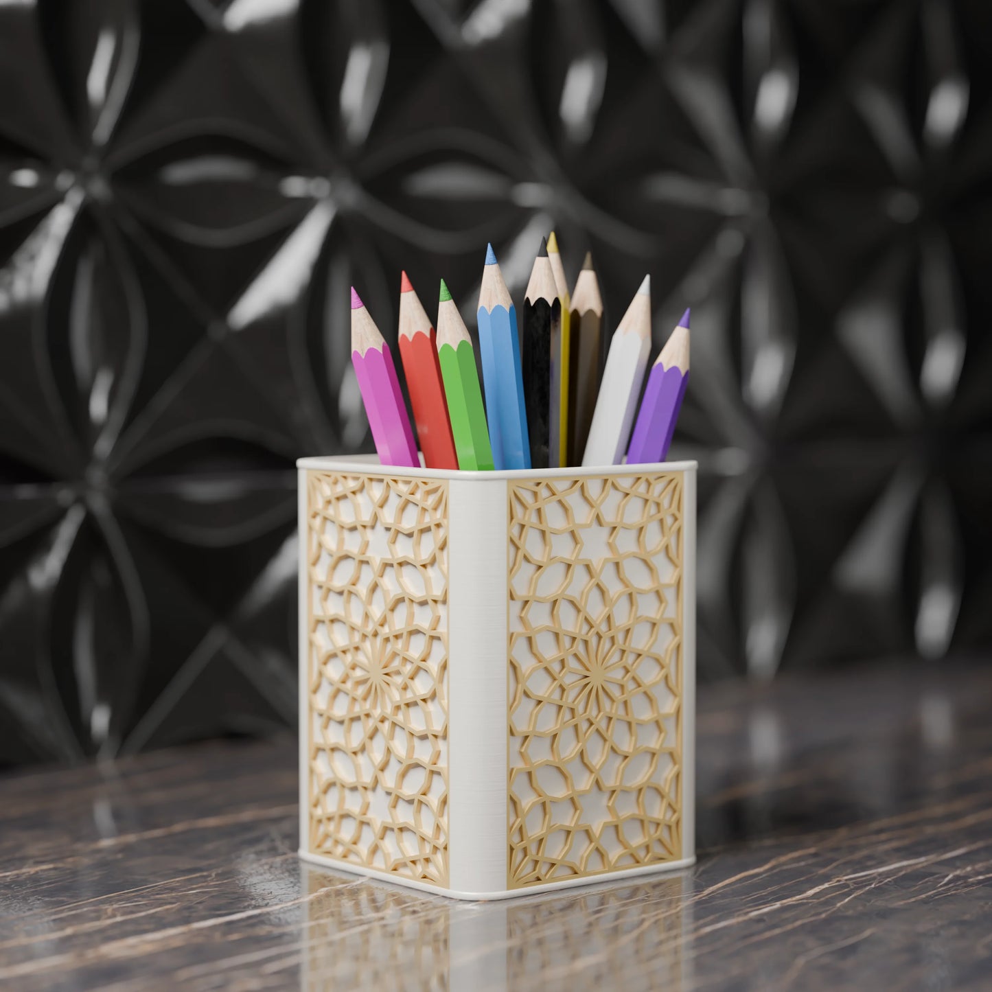 Arabe pen holder with Arabic design and pens from the side - Banana Yellow