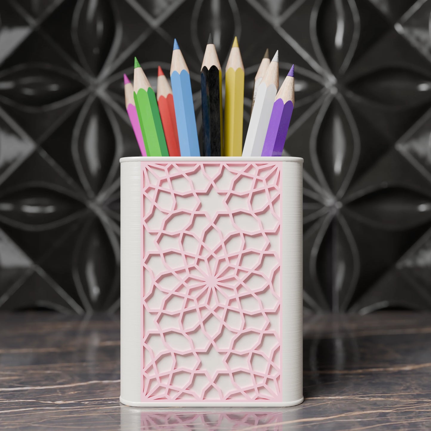 Arabe pen holder with Arabic design and pens from the front - Candy