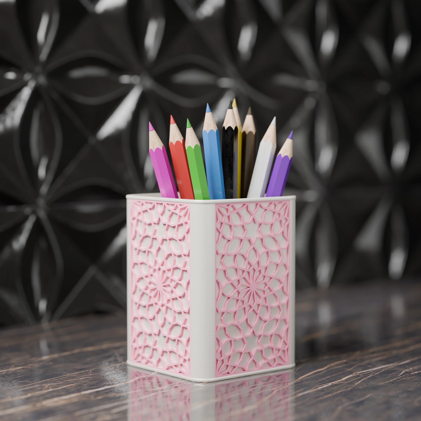 Arabe pen holder with Arabic design and pens from the side - Candy