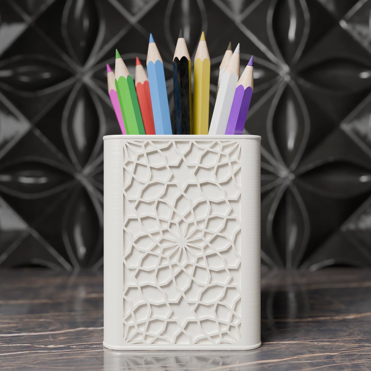 Arabe pen holder with Arabic design and pens from the front - Cotton White