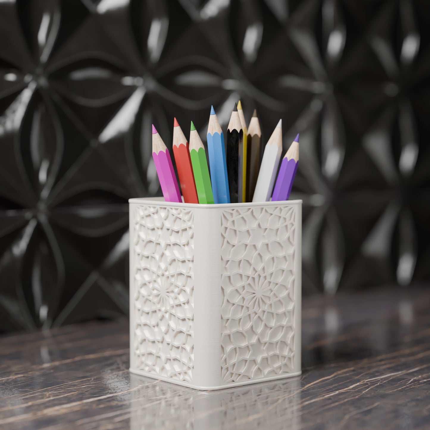 Arabe pen holder with Arabic design and pens from the side - Cotton White