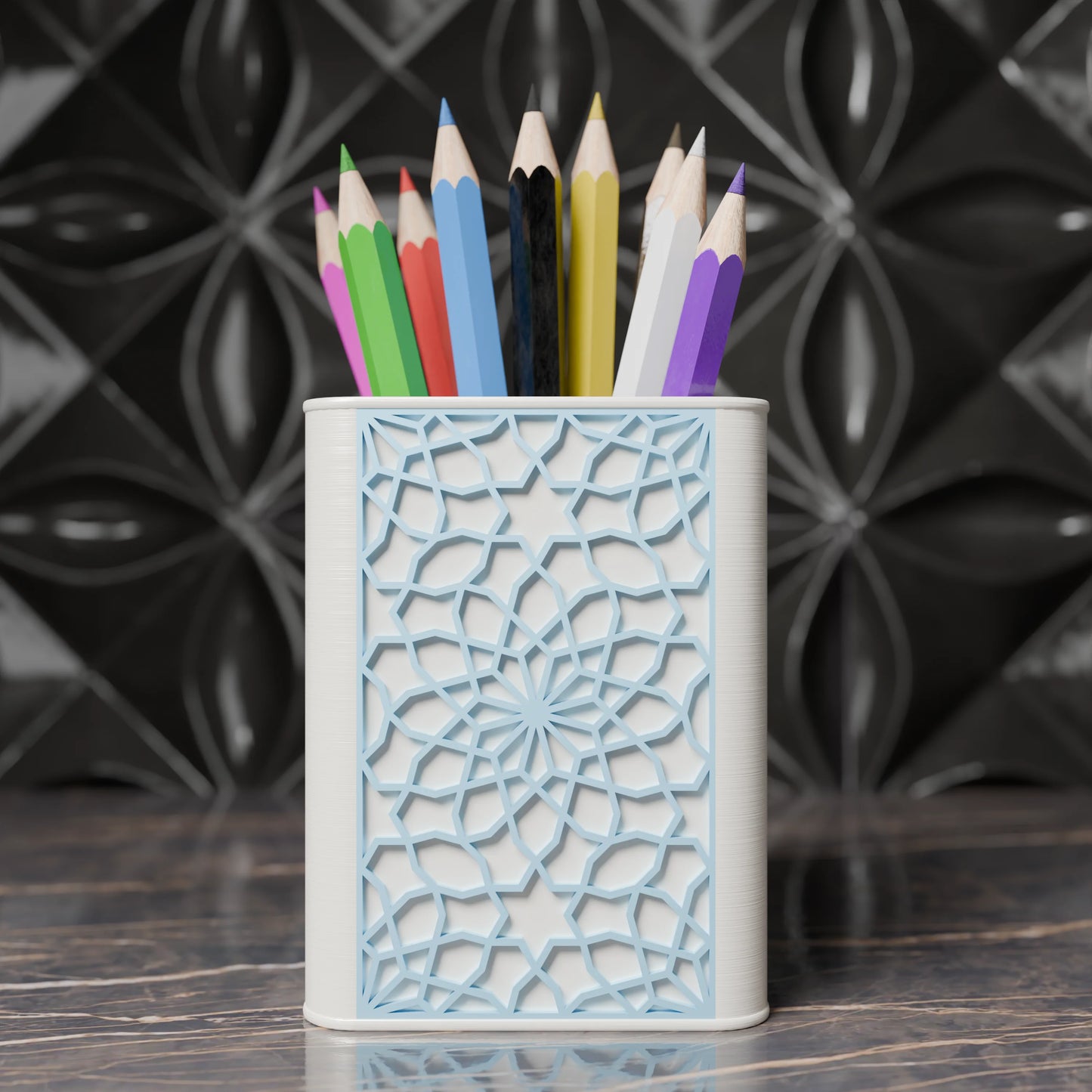 Arabe pen holder with Arabic design and pens from the front - Ice