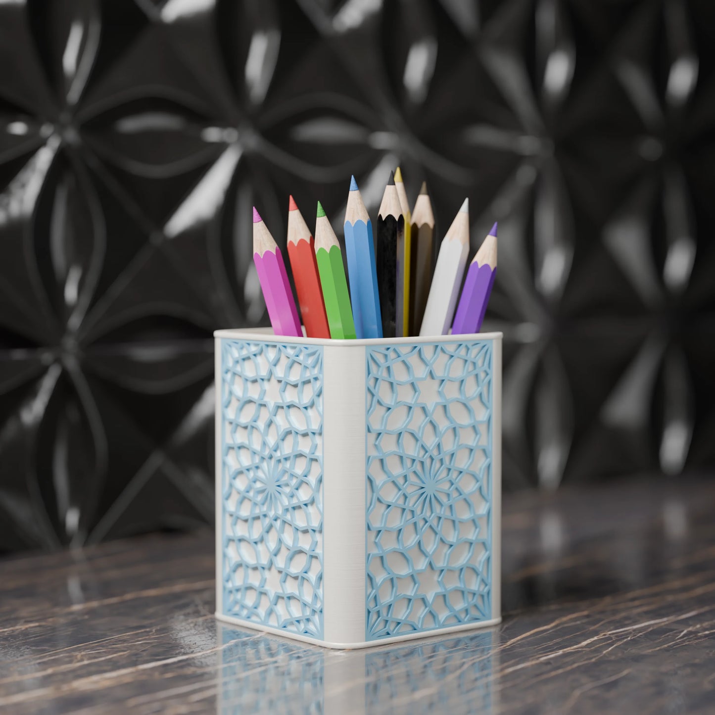 Arabe pen holder with Arabic design and pens from the side - Ice