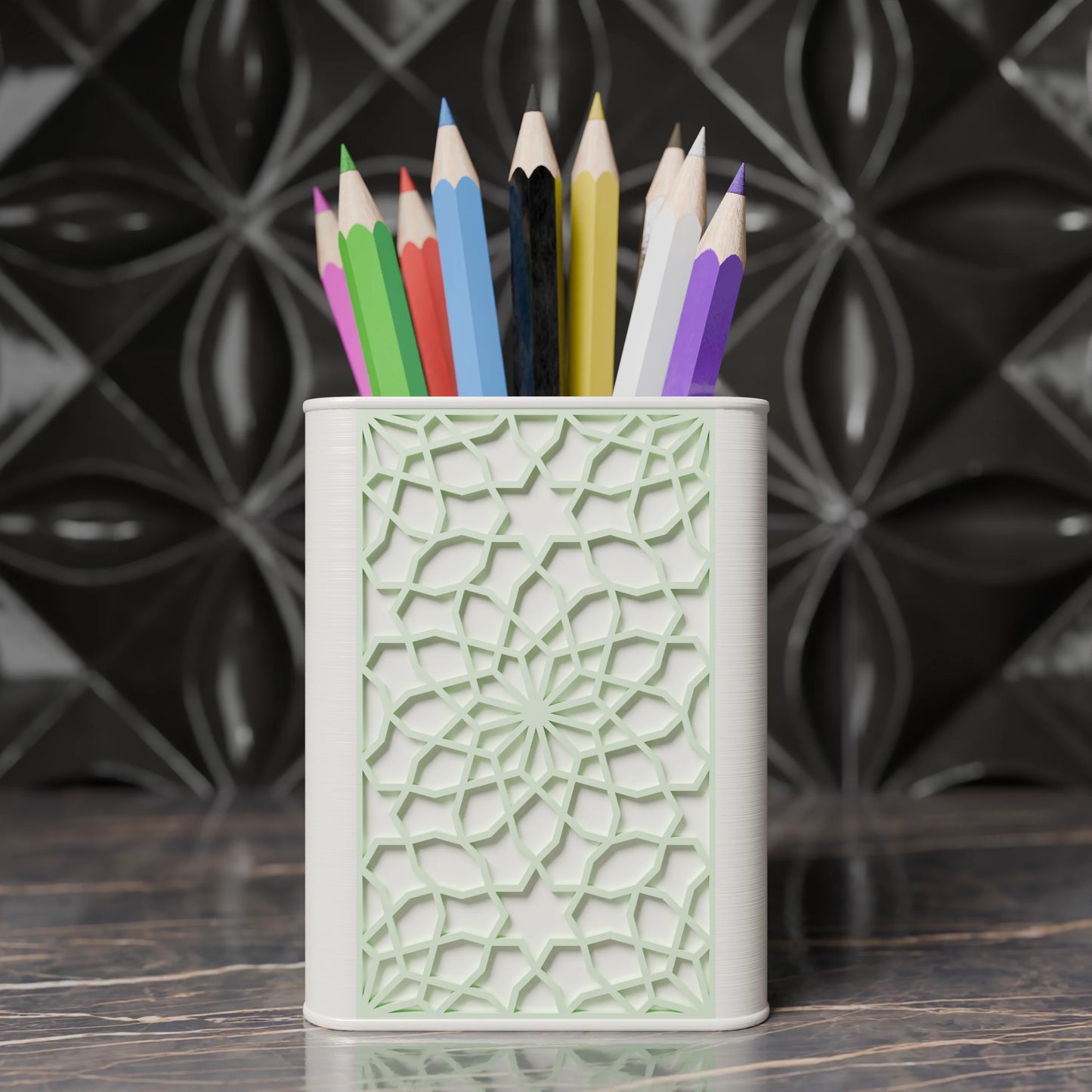 Arabe pen holder with Arabic design and pens from the front - Mint