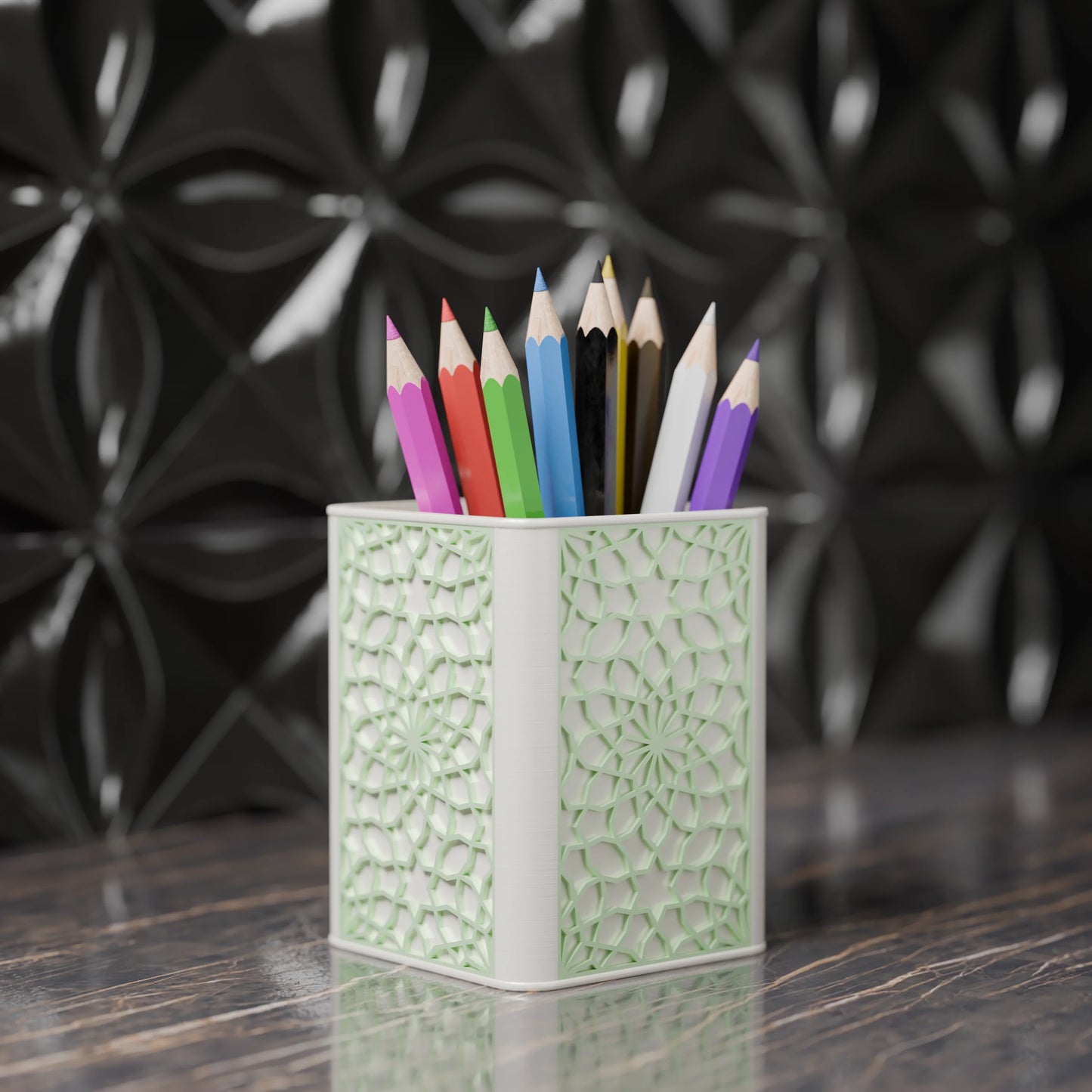 Arabe pen holder with Arabic design and pens from the side - Mint