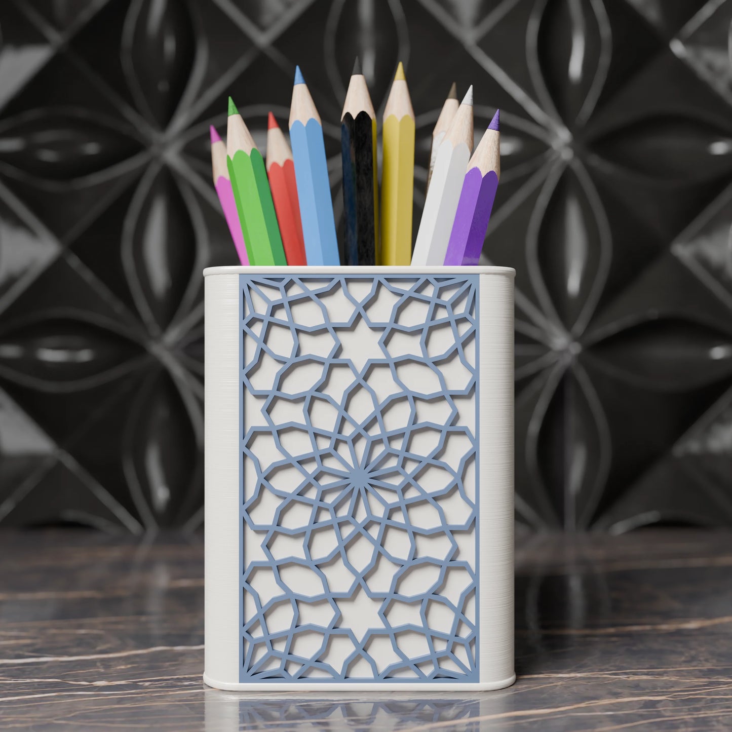 Arabe pen holder with Arabic design and pens from the front - Muted Blue