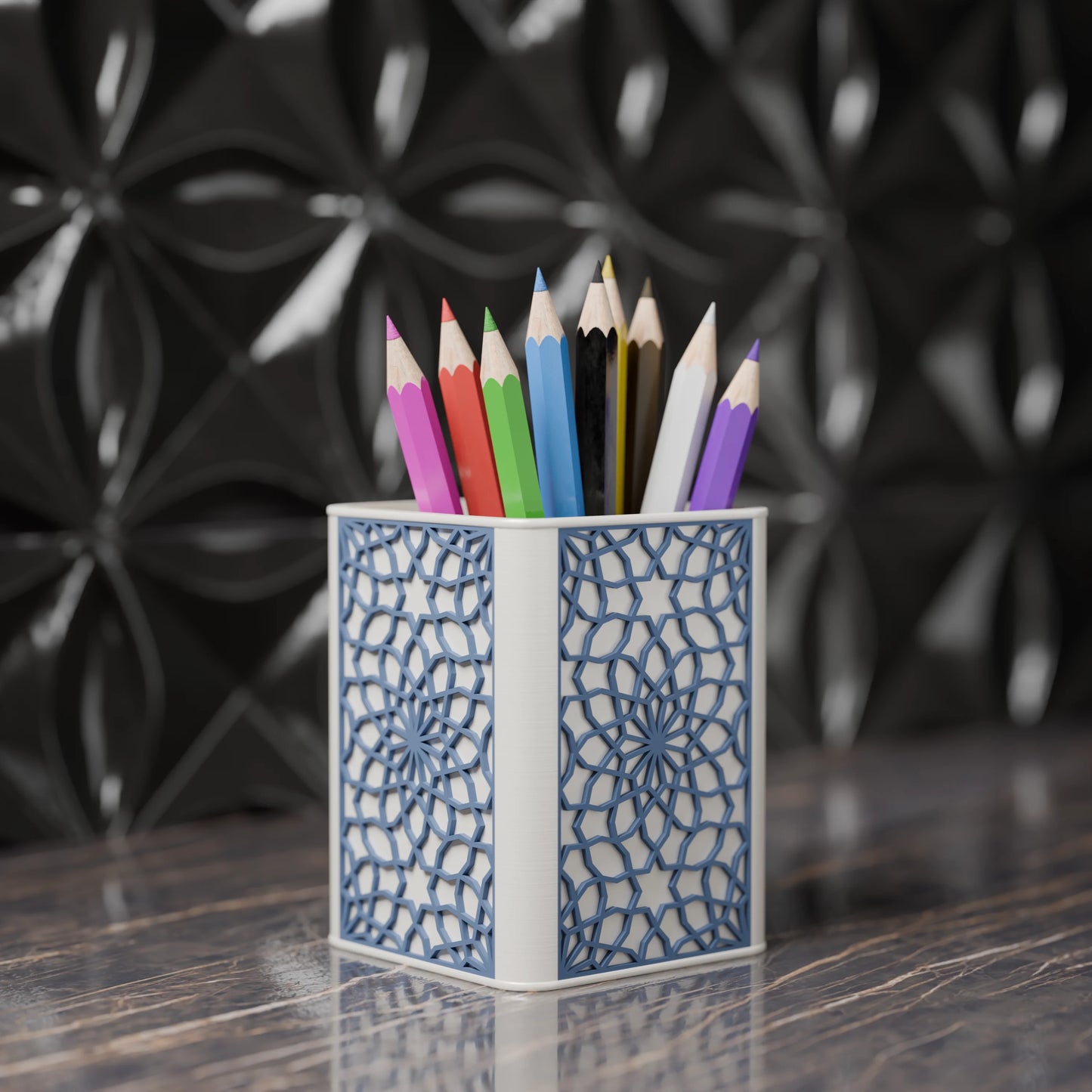 Arabe pen holder with Arabic design and pens from the side - Muted Blue