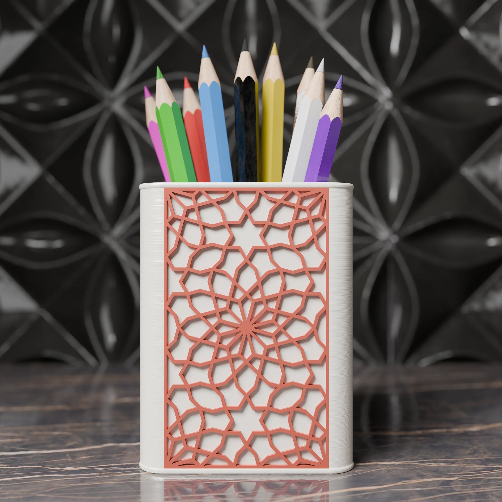 Arabe pen holder with Arabic design and pens from the front - Matt Red