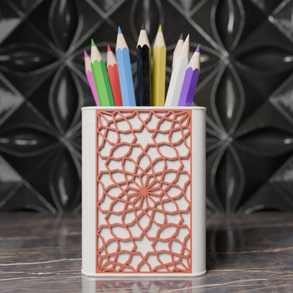 Arabe pen holder with Arabic design and pens from the front - Matt Red