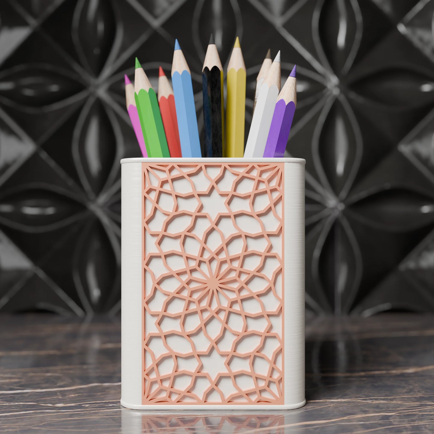 Arabe pen holder with Arabic design and pens from the front - Peach