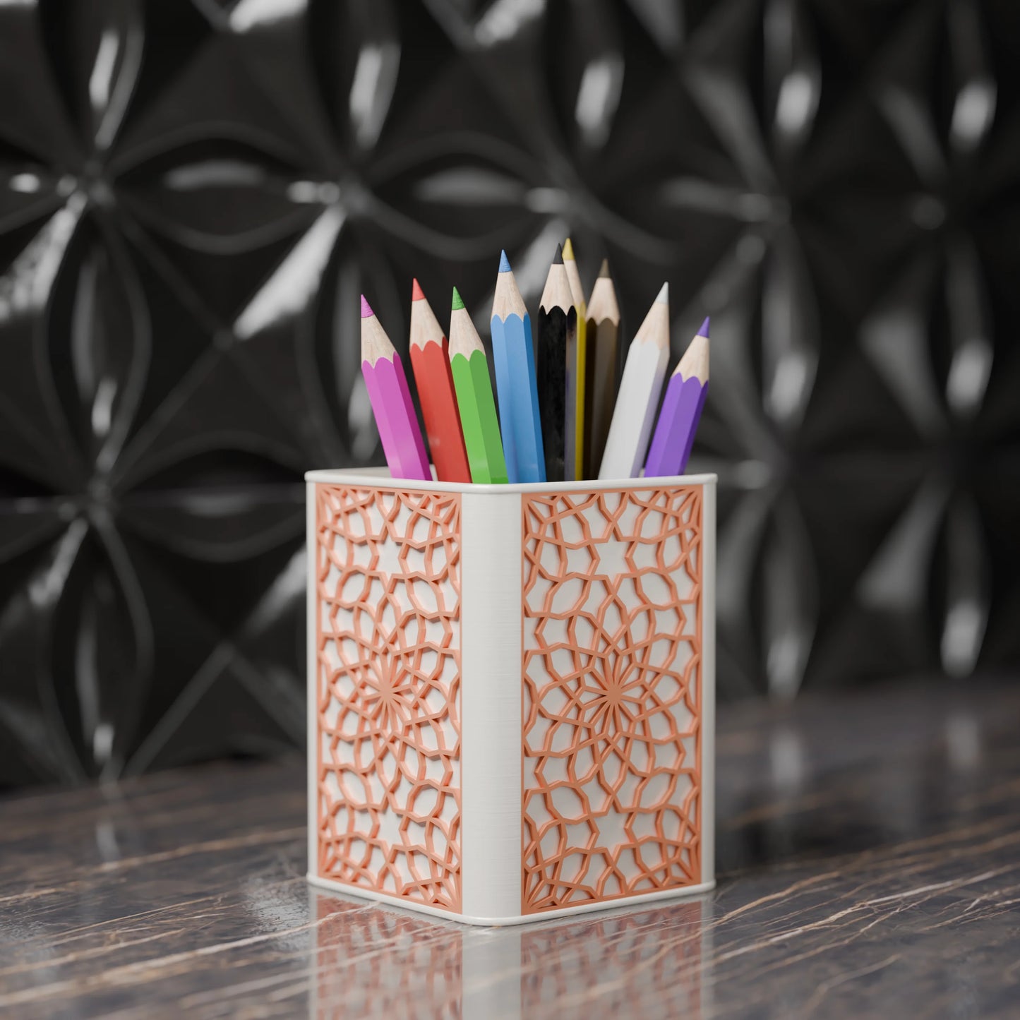 Arabe pen holder with Arabic design and pens from the side - Peach