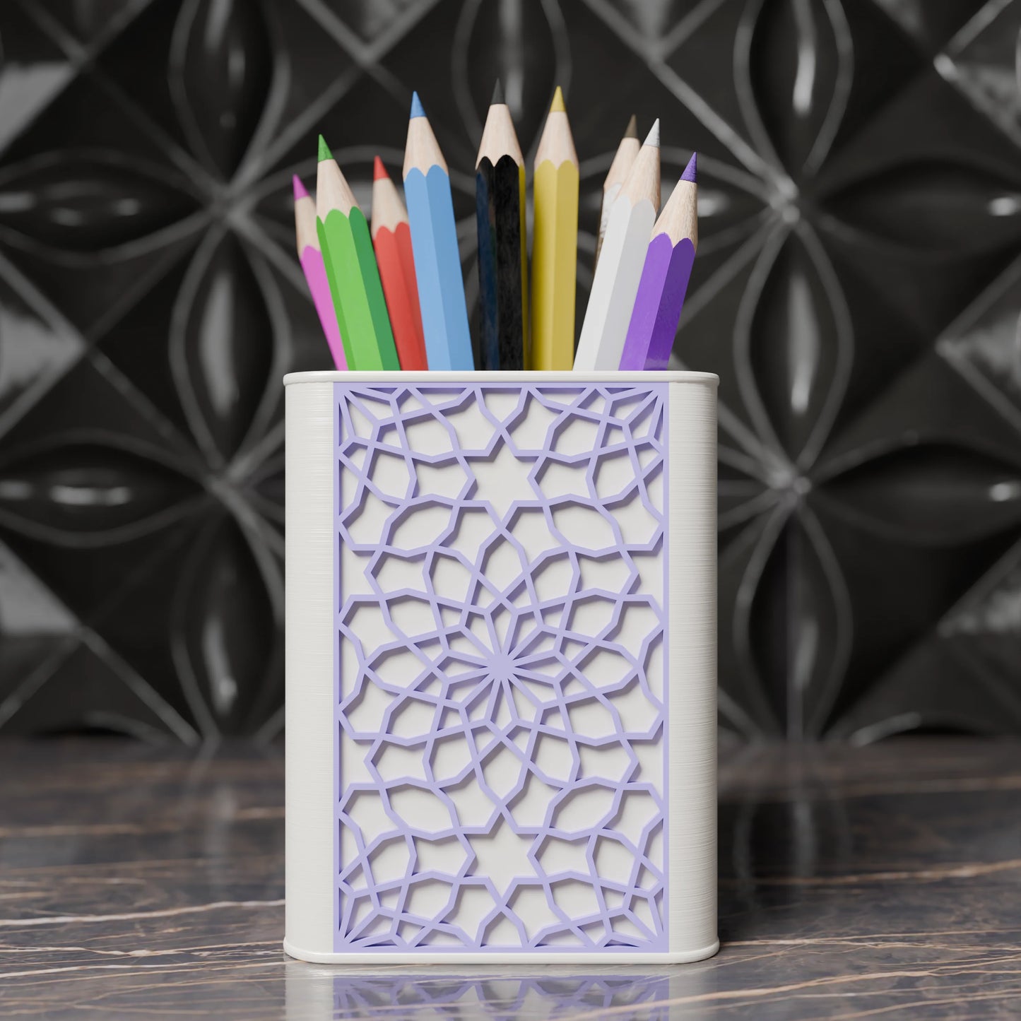Arabe pen holder with Arabic design and pens from the front - Periwinkle