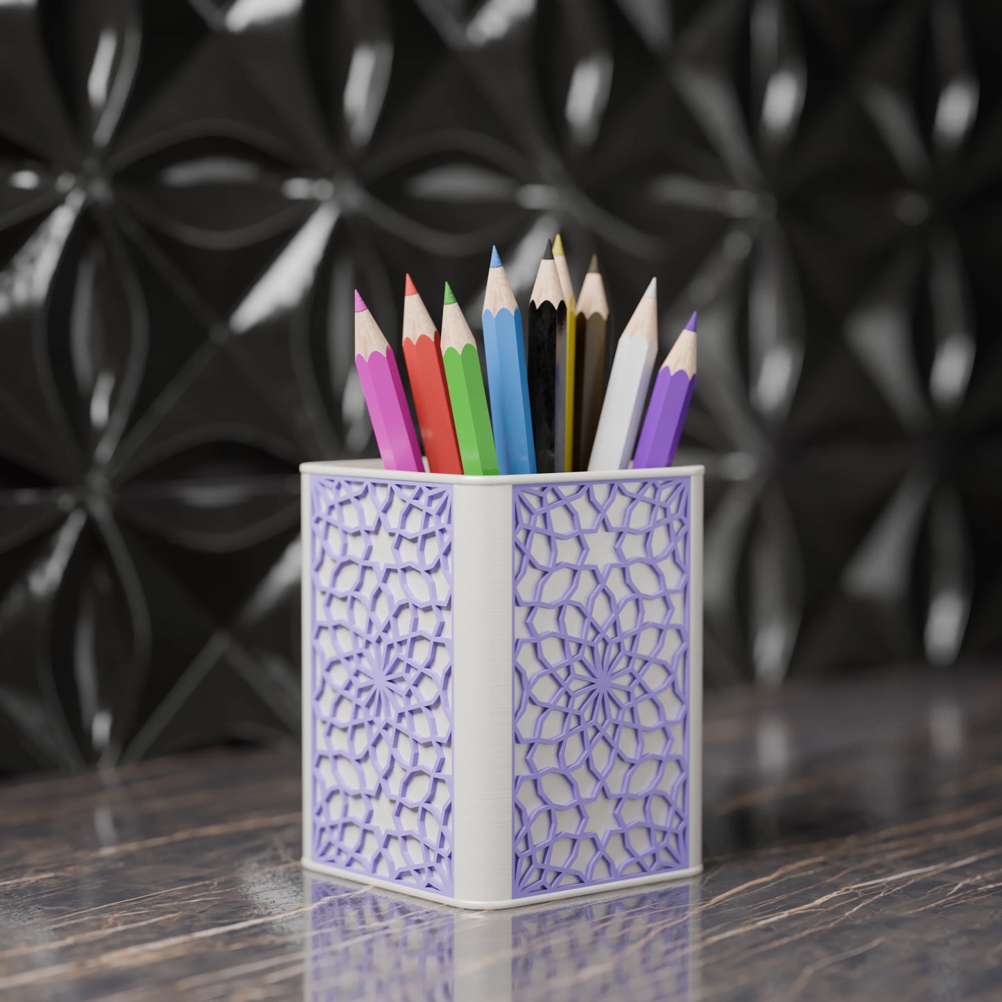 Arabe pen holder with Arabic design and pens from the side - Periwinkle