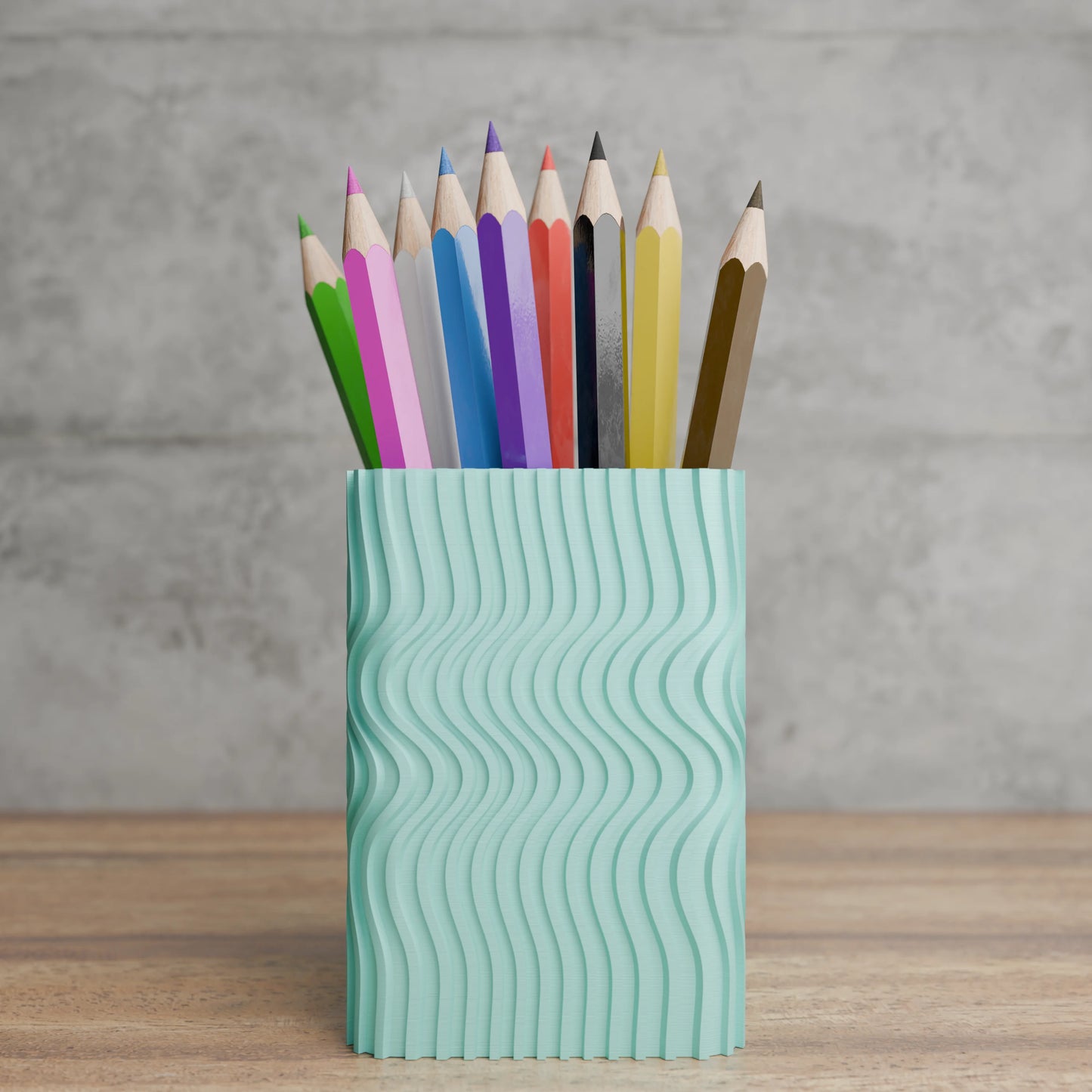 Design pen holder Wavy Corner with pens on desk - Arctic Teal