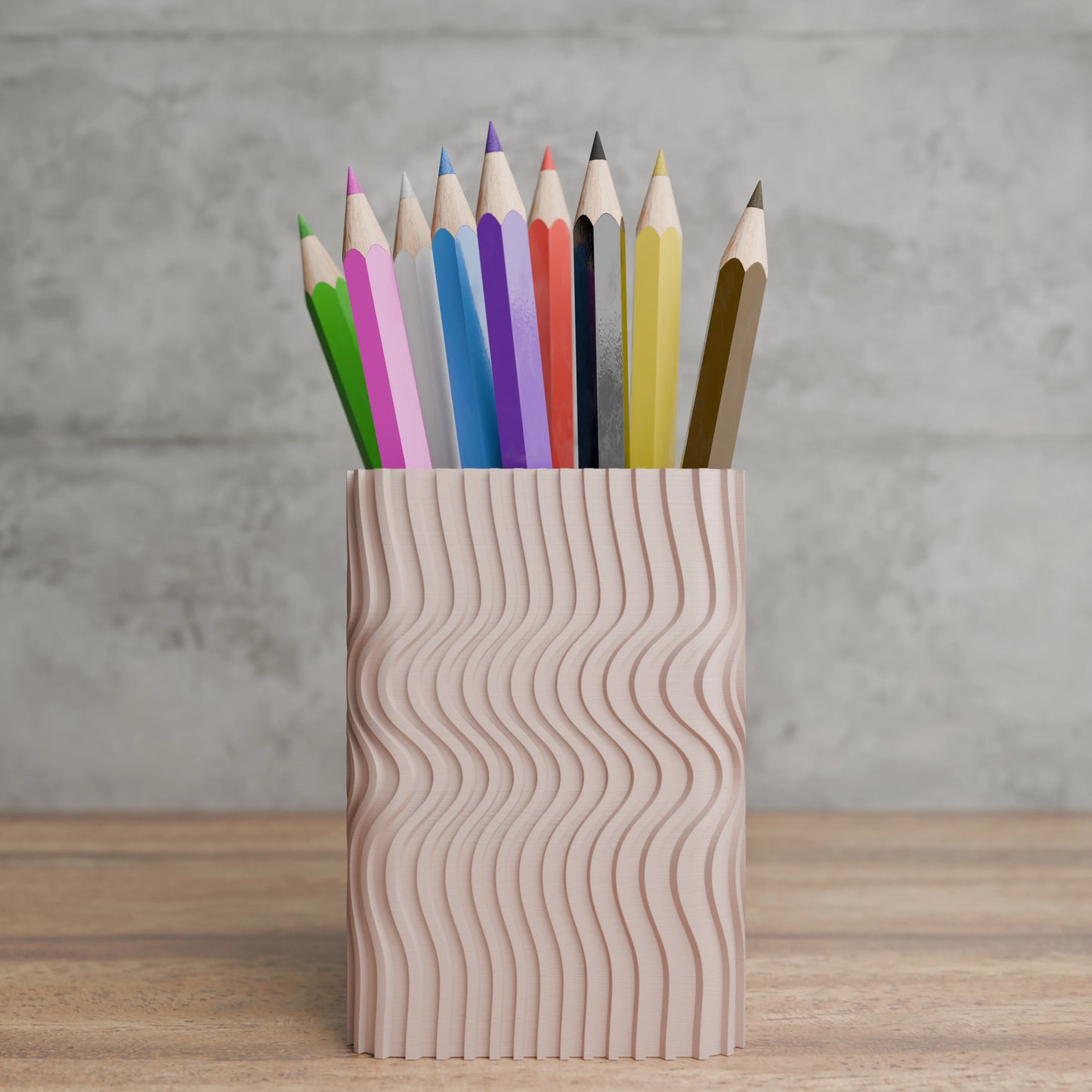 Design pen holder Wavy Corner with pens on desk - Army Beige