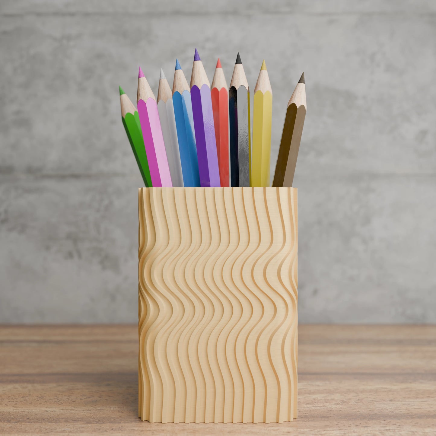 Design pen holder Wavy Corner with pens on desk - Banana Yellow