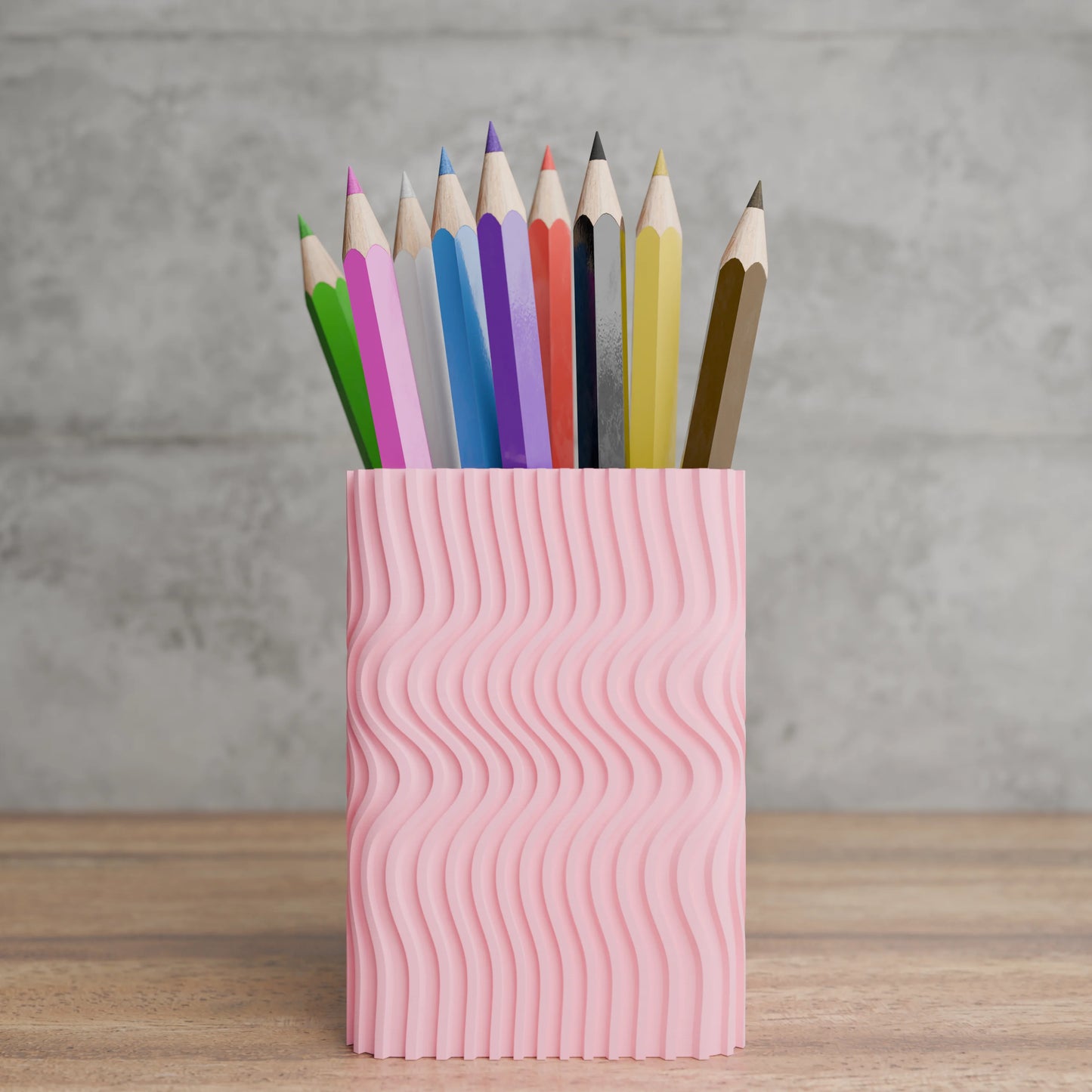 Design pen holder Wavy Corner with pens on desk - Candy