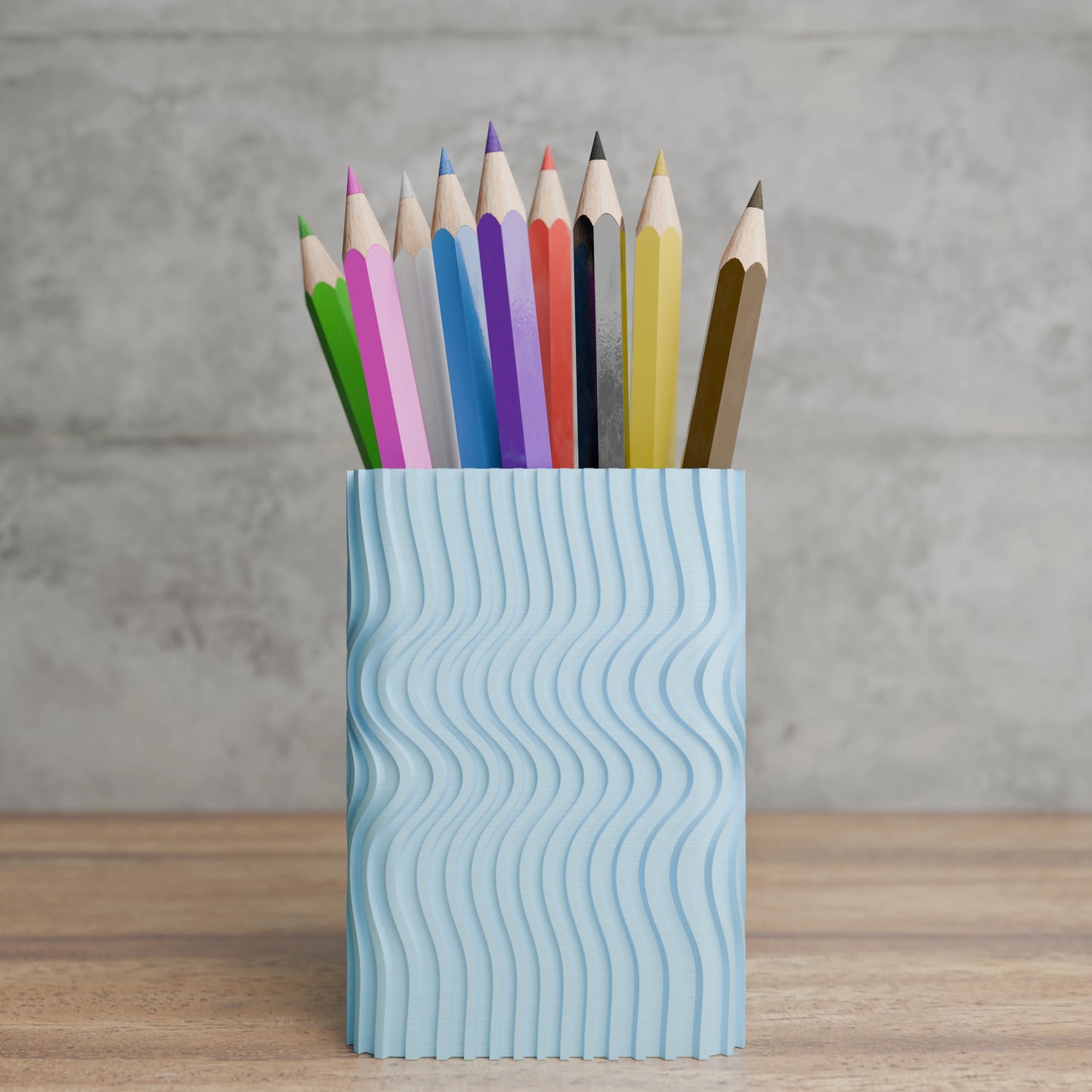 Design pen holder Wavy Corner with pens on desk - Ice